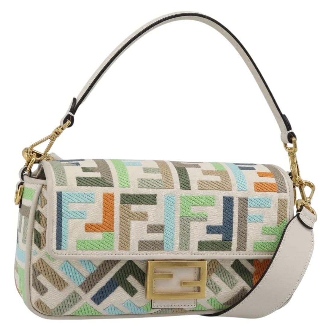 Fendi Mamma Baguette 2way Shoulder Bag Zucca Canvas Multicolor Gold: Fendi Mamma Baguette 2way Shoulder Bag Zucca Canvas Multicolor Gold Fendi Mamma Baguette bag in Zucca canvas with a multicolor and gold colorway. This 2-way style can be carried as a shoulder bag and 
