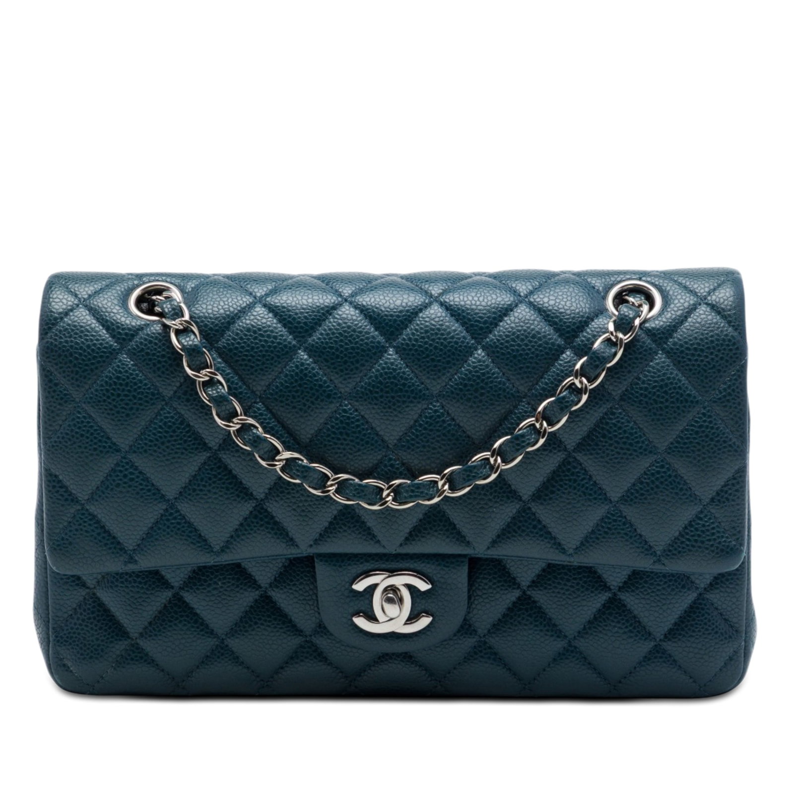 Chanel Medium Classic Double Flap Blue Caviar Leather Shoulder Bag: Chanel Medium Classic Double Flap Blue Caviar Leather Shoulder Bag Medium Classic Caviar Double Flap shoulder bag in blue quilted caviar leather with leather-woven chain straps and a CC turn-lock clos