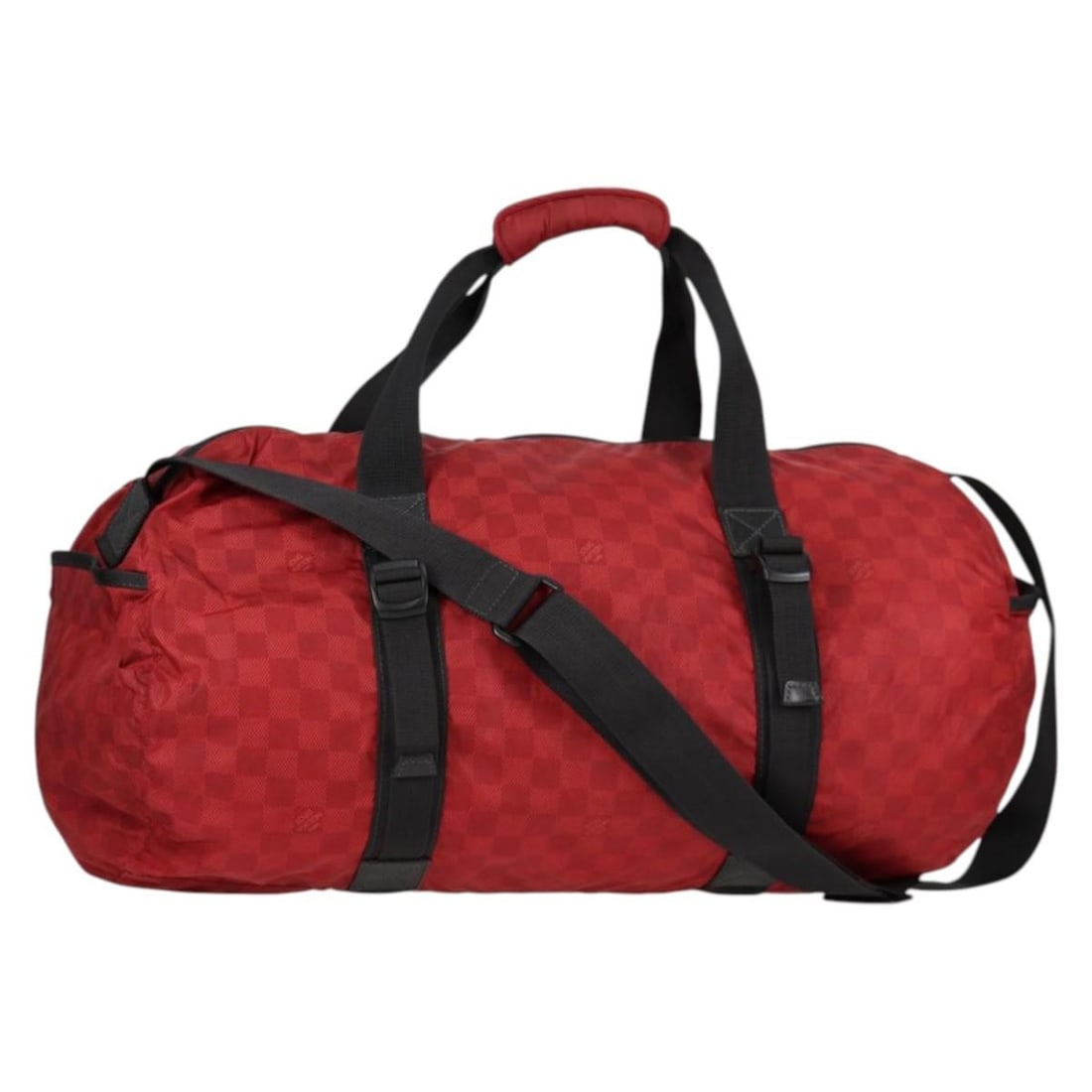 Louis Vuitton N23208 red Boston bag in Damier Ebene canvas: Louis Vuitton N23208 red Boston bag in Damier Ebene canvas Louis Vuitton Damier Aventure Plat Ktical Boston Bag in red Damier Ebene canvas. This women's bag is made in France and features both top han