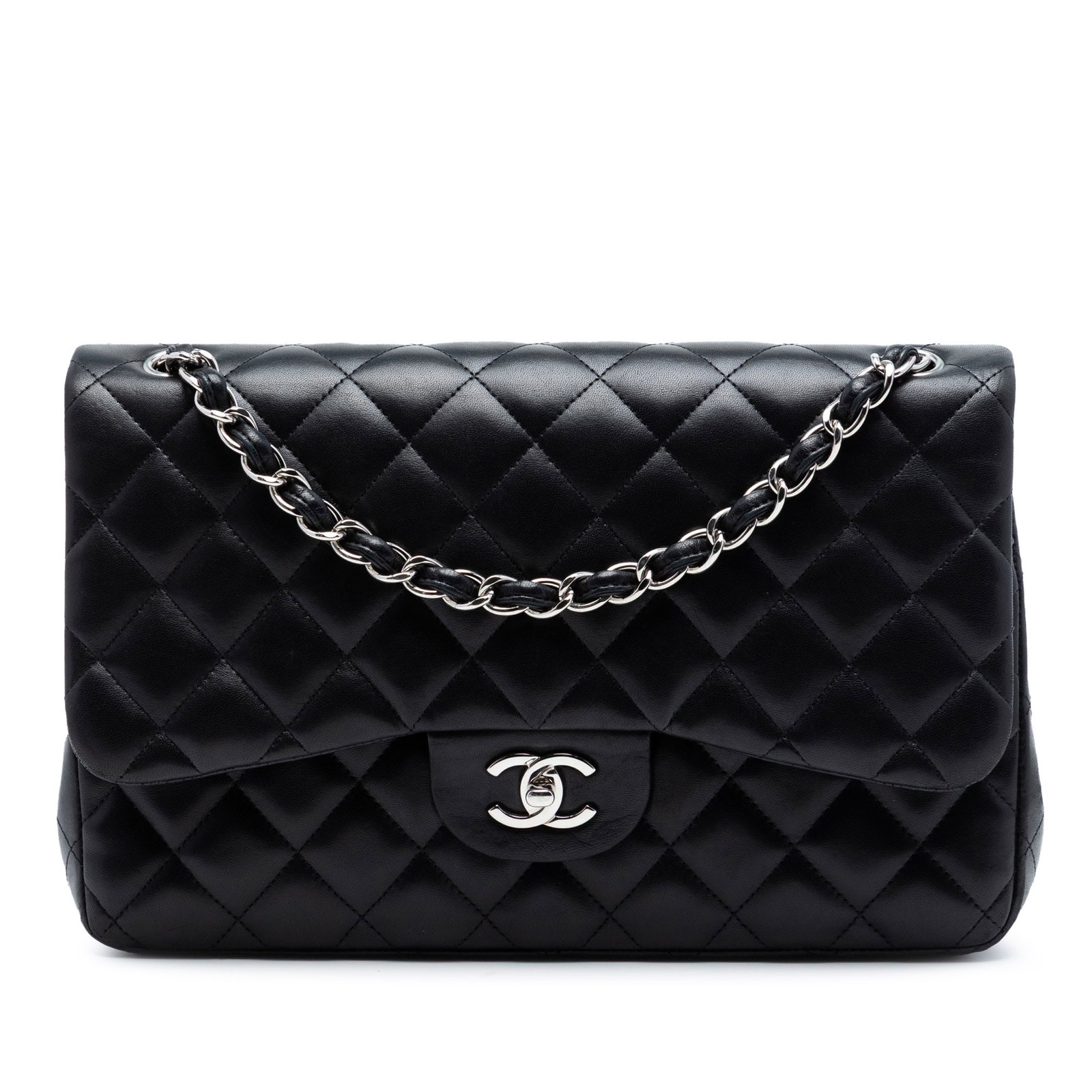 Chanel Jumbo Classic Black Lambskin Flap Bag: Chanel Jumbo Classic Black Lambskin Flap Bag This Chanel Jumbo Classic Lambskin Double Flap shoulder bag features a quilted lambskin leather body in black, complemented by leather-woven chain straps a