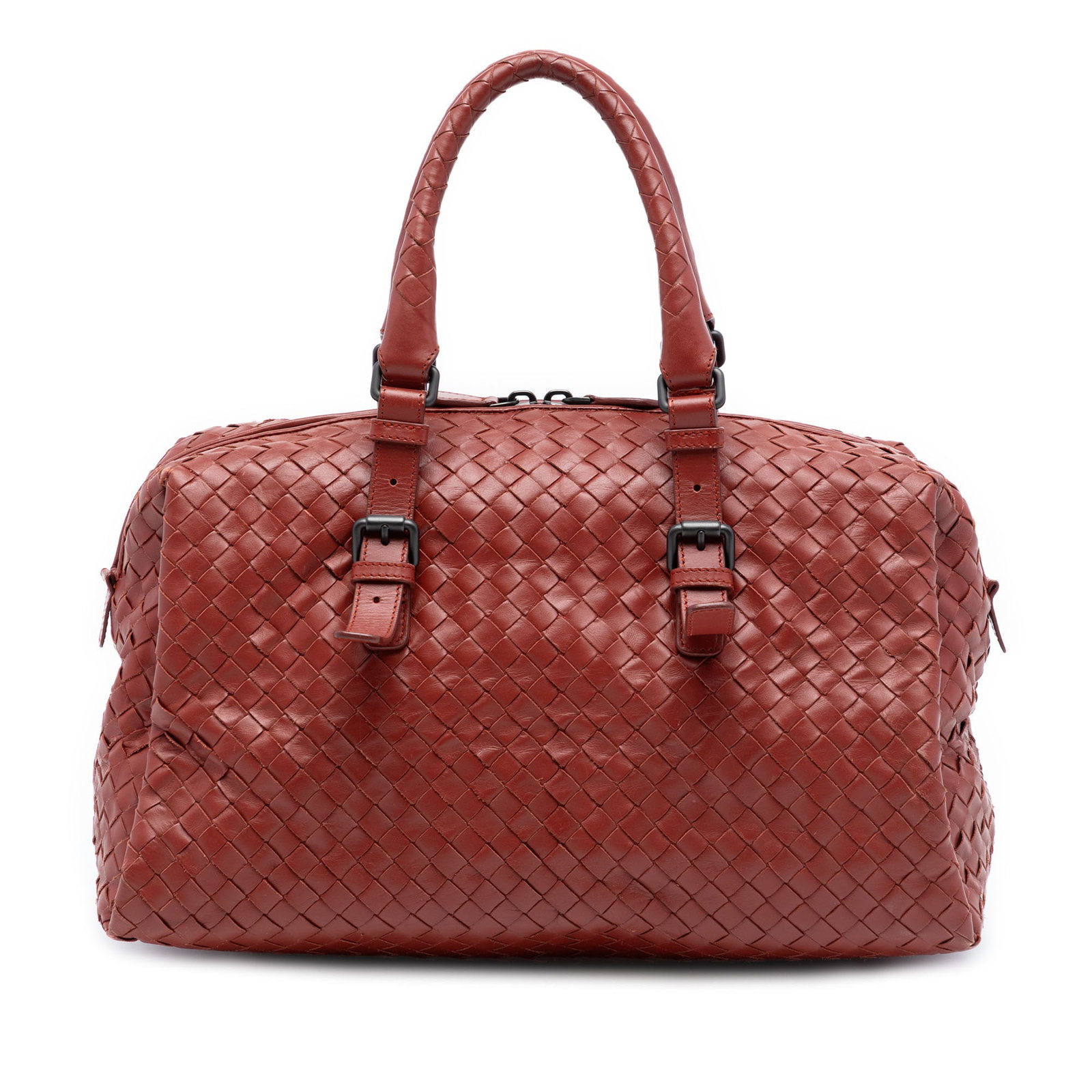 Red Nappa Leather Intrecciato Boston Bag by Bottega Veneta: Red Nappa Leather Intrecciato Boston Bag by Bottega Veneta This Bottega Veneta Nappa Intrecciato Boston Bag features a woven nappa leather exterior in red, adjustable rolled leather handles, a top zip