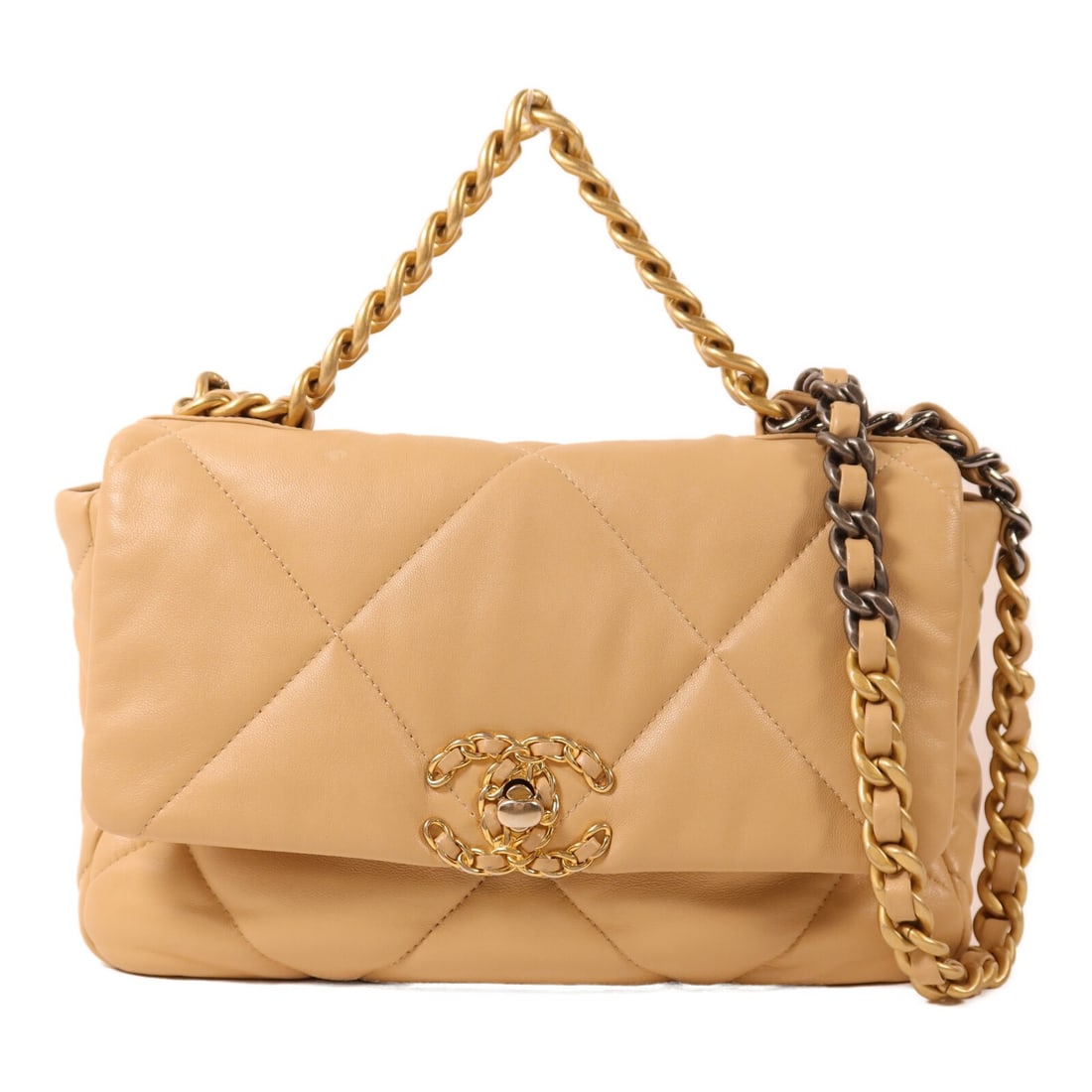 CHANEL Chanel 19 Beige Lambskin 2 Way Chain Shoulder Bag: CHANEL Chanel 19 Beige Lambskin 2 Way Chain Shoulder Bag This CHANEL 19 2 Way Chain Shoulder Bag is crafted from beige lambskin (sheep leather) and designed for women. It features a turn lock closure,