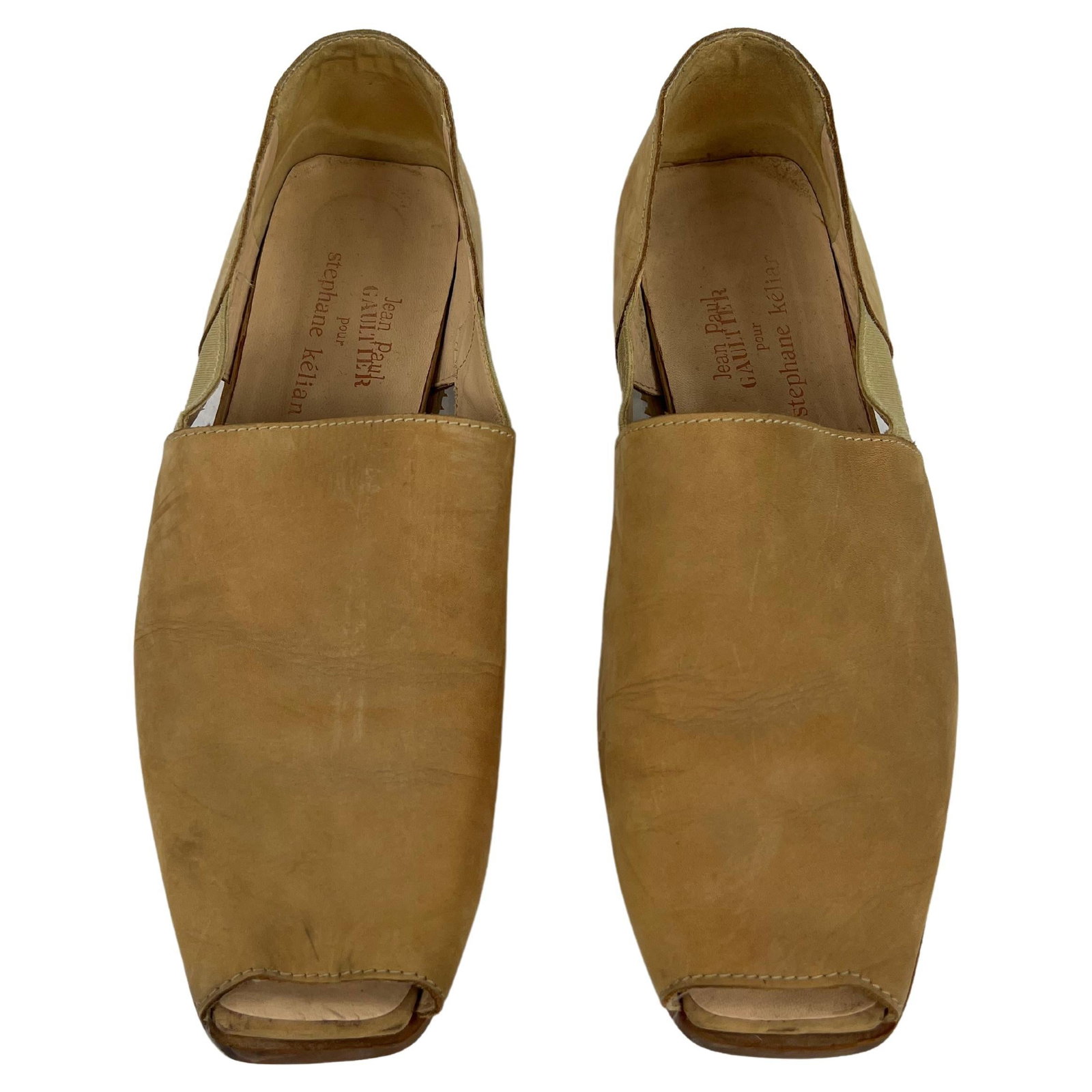 Jean Paul Gaultier suede open toe flats tan size 11: Jean Paul Gaultier suede open toe flats tan size 11 Vintage Jean Paul Gaultier shoes in brown suede with a camel/tan color, open toe, side elastic detail, and a flat style. Marked size 11 (EU). Late 2