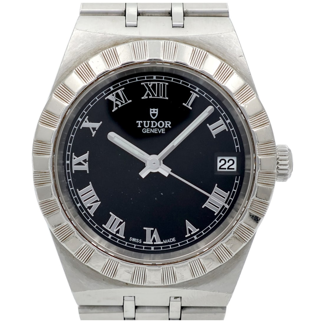 TUDOR 28400 Royal automatic stainless steel wristwatch black dial: TUDOR 28400 Royal automatic stainless steel wristwatch black dial TUDOR Royal reference 28400 automatic wristwatch with a black dial and stainless steel case and bracelet. This Swiss-made watch is des