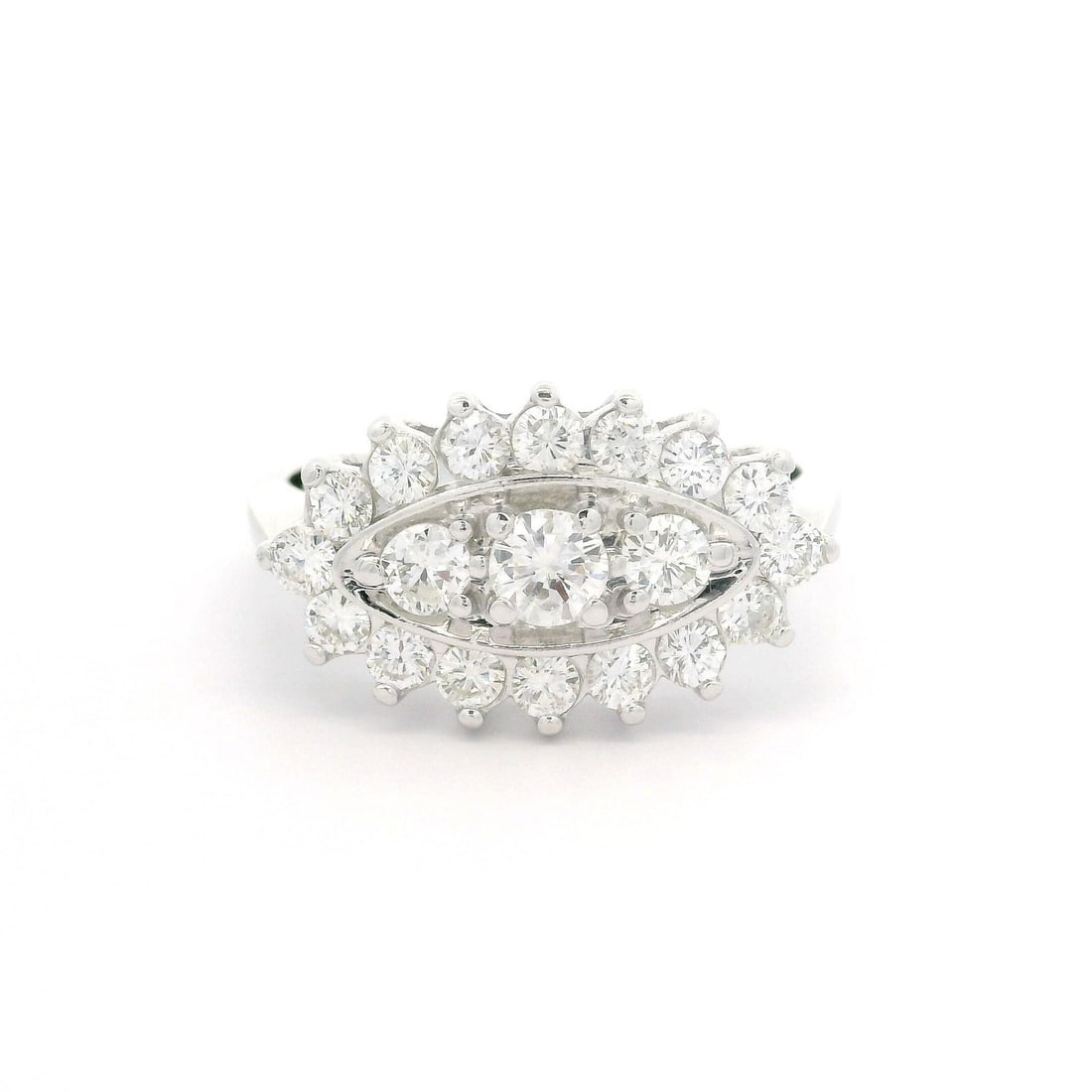 Vintage 14K White Gold 1ctw Diamond Sideways Marquise Ring: Vintage 14K White Gold 1ctw Diamond Sideways Marquise Ring This stunning vintage ring showcases a unique sideways marquise shape in a sophisticated navette design. Crafted from solid 14k white gold, t