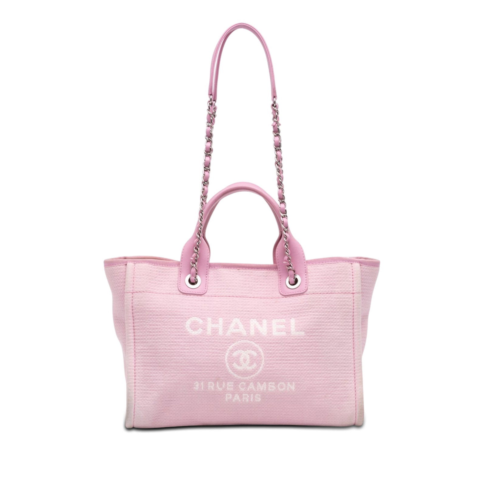 Chanel Deauville Small Tote Pink Canvas Leather Trim Bag: Chanel Deauville Small Tote Pink Canvas Leather Trim Bag Chanel Small Canvas Deauville Tote in pink with leather trim and a practical open-top design secured by a magnetic snap closure. This satchel f