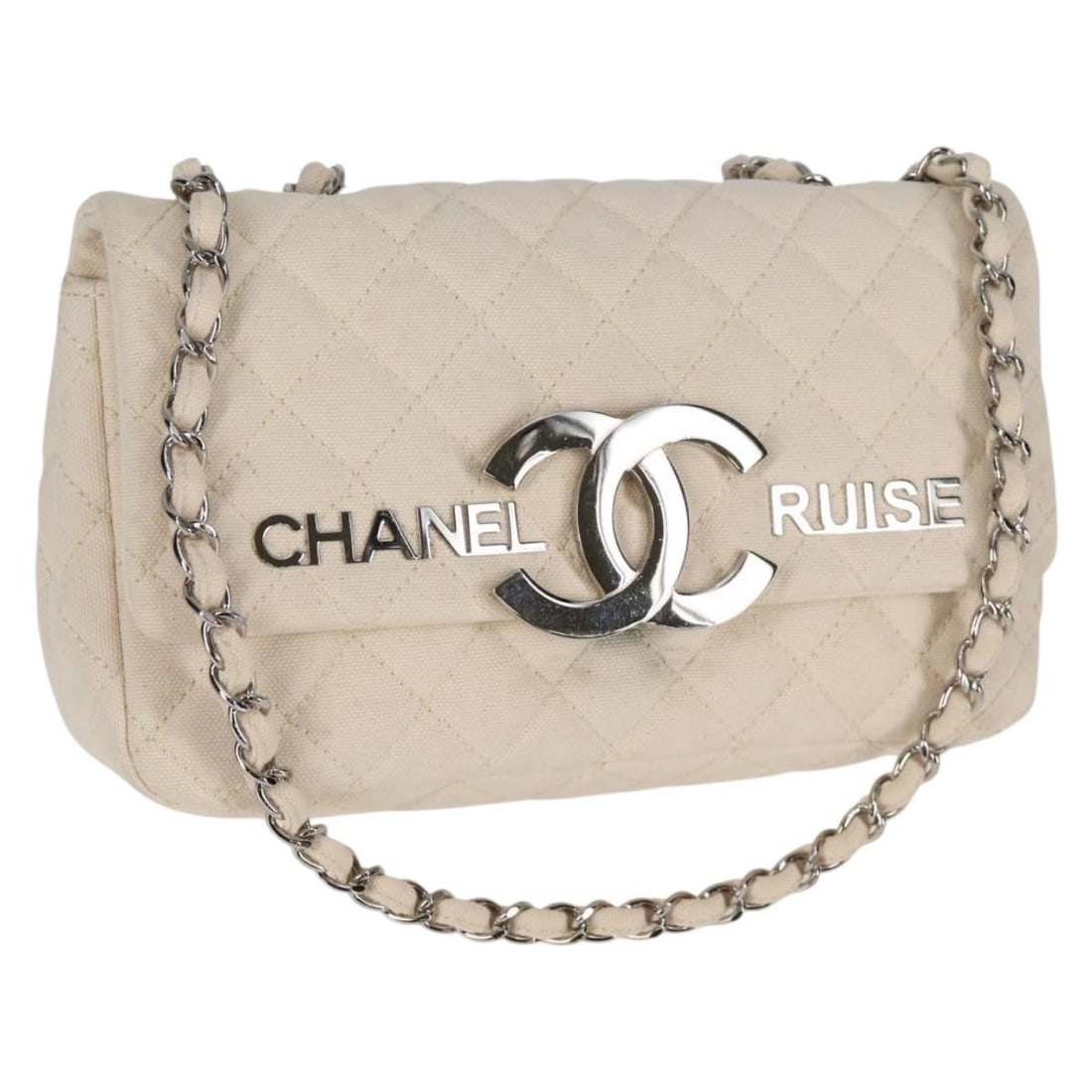 Chanel Cruise Flap Canvas Shoulder Bag White: Chanel Cruise Flap Canvas Shoulder Bag White This Chanel Cruise Flap Bag is crafted from quilted white canvas and features a classic flap design. The bag is designed for women and includes a shoulder 
