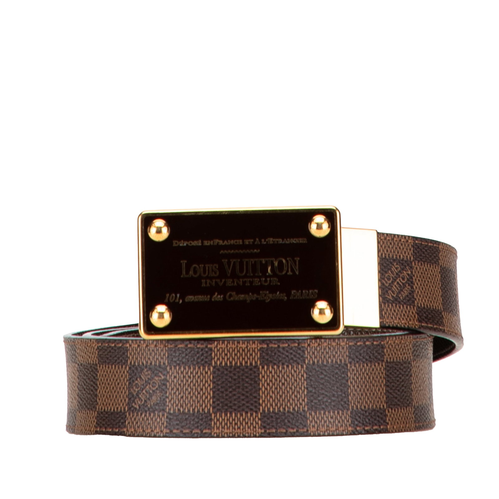 Louis Vuitton Damier Ebene Reversible Canvas Belt Size 95: Louis Vuitton Damier Ebene Reversible Canvas Belt Size 95 Louis Vuitton Damier Ebene Inventeur reversible belt in brown canvas with gold-tone hardware and a peg-in-hole closure. Made in France. Condit