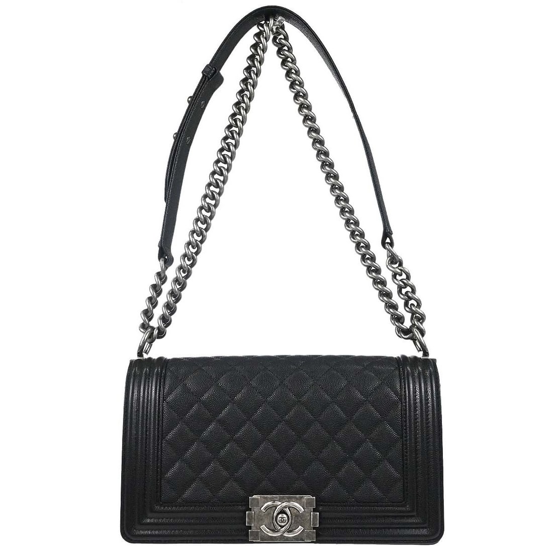 CHANEL Boy Medium Shoulder Bag Black Caviar Leather Chain Strap: CHANEL Boy Medium Shoulder Bag Black Caviar Leather Chain Strap Vintage Chanel Boy Medium shoulder bag in black caviar skin leather with a push-lock closure, silver-color hardware, and a chain shoulde