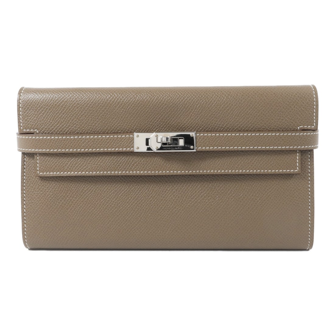 Hermes Kelly bifold wallet in Etoupe Epsom calfskin PHW: Hermes Kelly bifold wallet in Etoupe Epsom calfskin PHW Hermes Kelly wallet in Epsom calfskin with palladium-tone hardware and an Etoupe gray colorway. This women's bifold purse is made in France and 