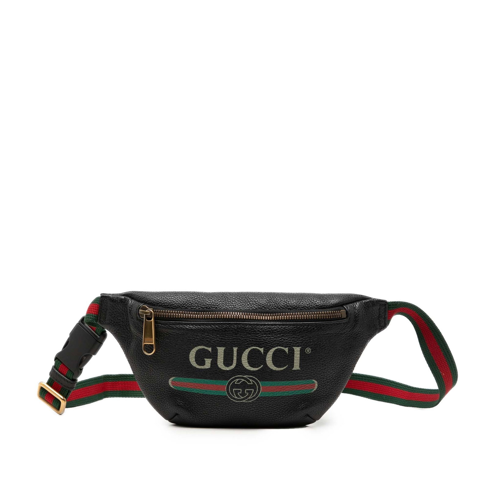 Gucci Logo Belt Bag Small Grained Calfskin Black Leather: Gucci Logo Belt Bag Small Grained Calfskin Black Leather This Gucci belt bag is crafted from grained calfskin leather and features the signature web strap, printed logo detailing, an adjustable belt s