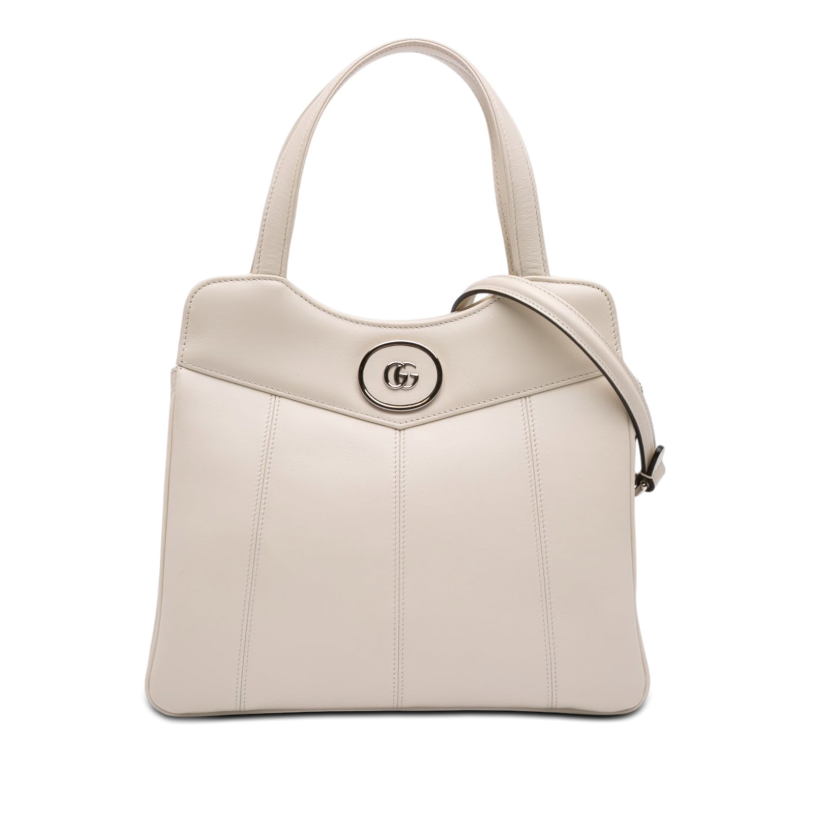 Gucci Petite GG Small Calfskin Leather Tote Bag White: Gucci Petite GG Small Calfskin Leather Tote Bag White This Gucci Small Calfskin Petite GG Tote is crafted in leather with flat leather handles and a detachable chain link strap with a leather guard. I