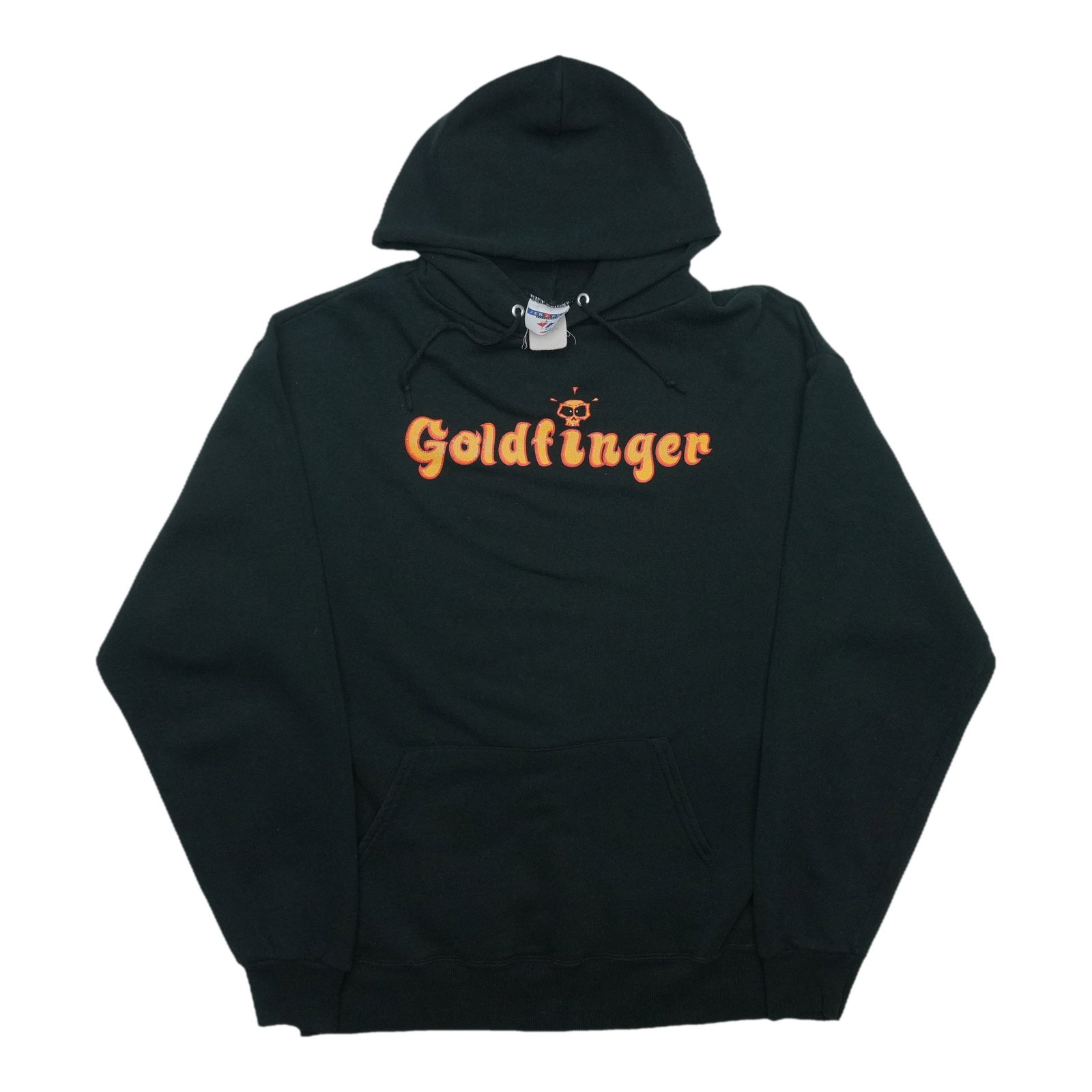 Black Cotton Blend Goldfinger Hoodie Large 1990s Vintage: Black Cotton Blend Goldfinger Hoodie Large 1990s Vintage Authentic vintage 1990s Goldfinger hoodie in black. This original period piece is not a modern reproduction and features a cotton blend constru