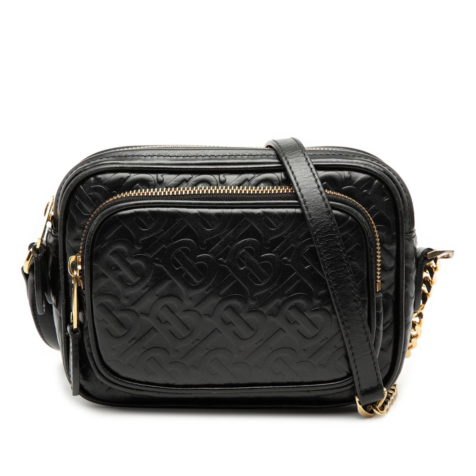 Burberry TB Monogram Camera Crossbody in Embossed Black Calfskin: Burberry TB Monogram Camera Crossbody in Embossed Black Calfskin Burberry Embossed Calfskin TB Monogram Camera Chain Crossbody in black leather. This crossbody bag features an embossed leather body, a