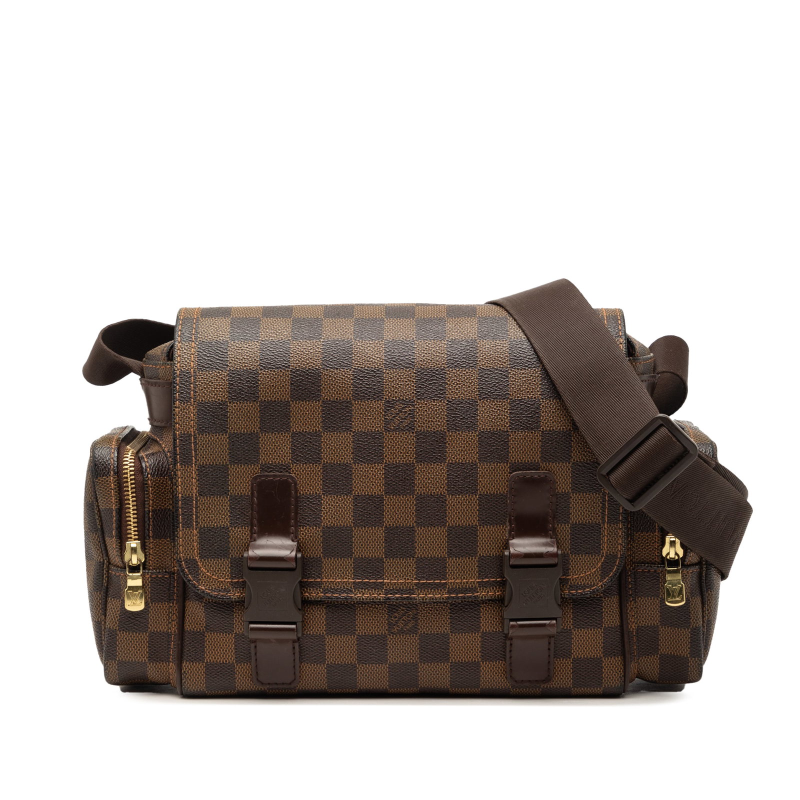 Louis Vuitton Damier Ebene crossbody bag Melville Reporter: Louis Vuitton Damier Ebene crossbody bag Melville Reporter The Louis Vuitton Damier Ebene Melville Reporter features a brown Damier canvas body with an adjustable flat strap, front flap with buckle cl