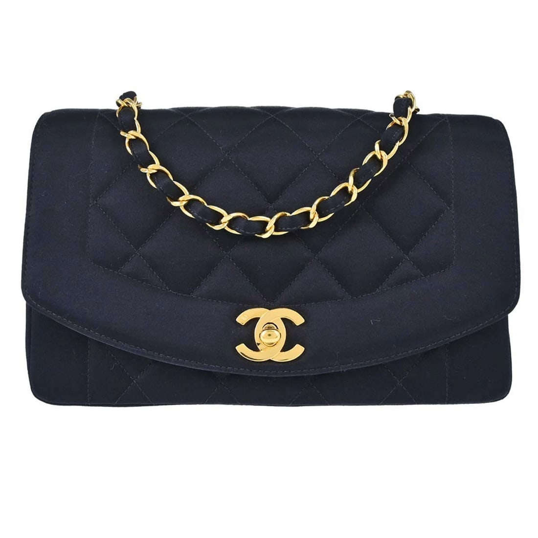 CHANEL Diana Small Black Satin Flap Shoulder Bag: CHANEL Diana Small Black Satin Flap Shoulder Bag Small Chanel Diana shoulder bag in black satin with a matelasse quilted exterior and flap turnlock closure. This women's bag features a single chain sh