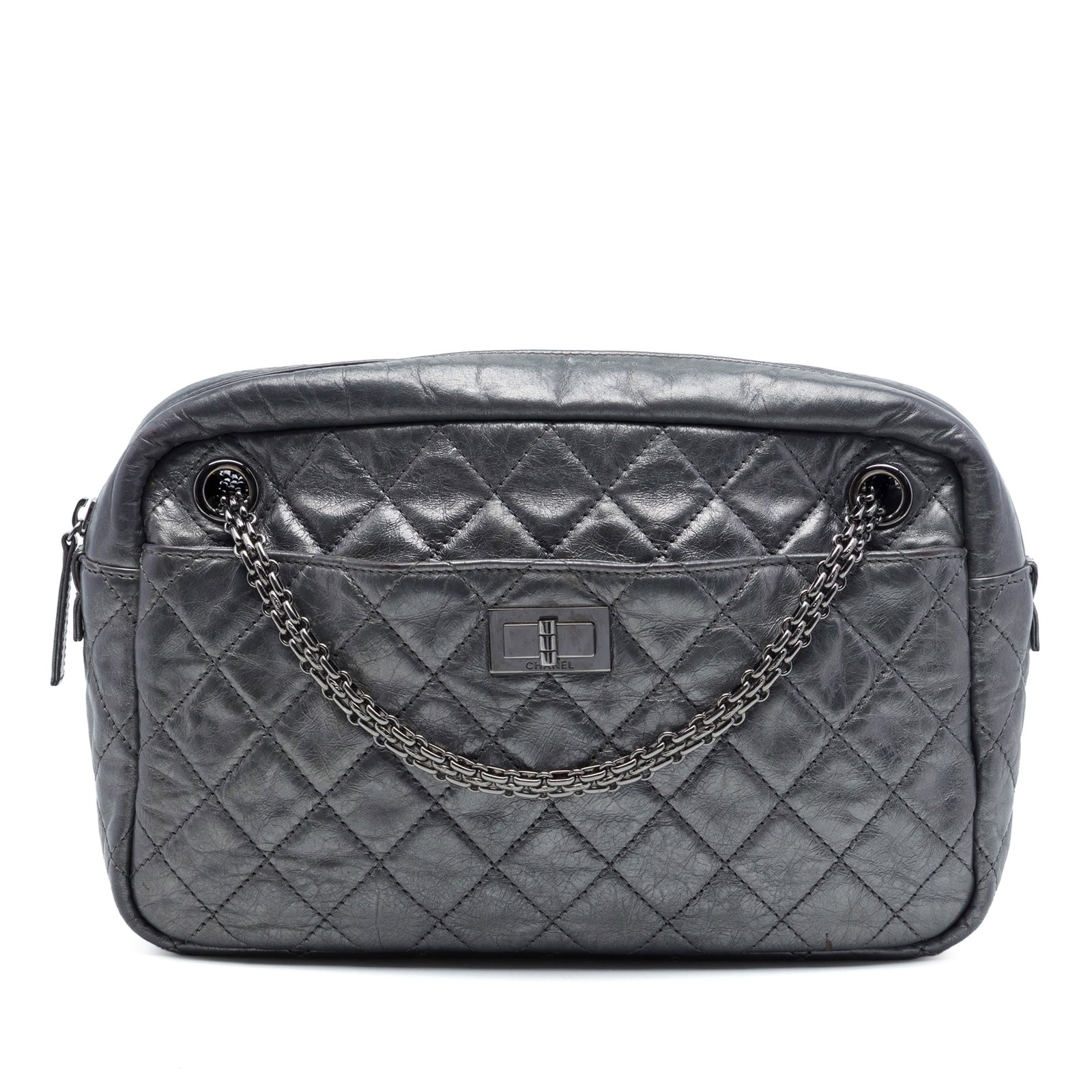 Chanel Reissue 2.55 Large Camera Crossbody in Quilted Gray Calfskin: Chanel Reissue 2.55 Large Camera Crossbody in Quilted Gray Calfskin Chanel Large Quilted Calfskin Reissue 2.55 Camera Bag in gray leather. This crossbody bag features a quilted leather body, silver-to