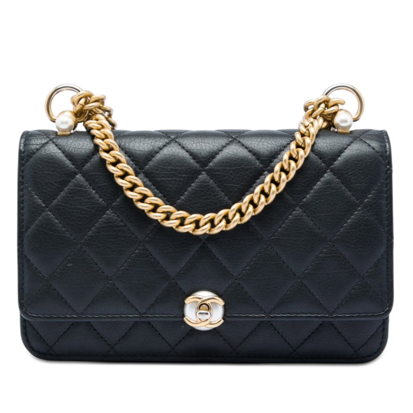 Chanel CC Pearl Wallet on Chain Quilted Lambskin Crossbody: Chanel CC Pearl Wallet on Chain Quilted Lambskin Crossbody Quilted lambskin wallet on chain with faux pearl chain strap details and a flap turn-lock closure. The interior includes zip and slip pockets