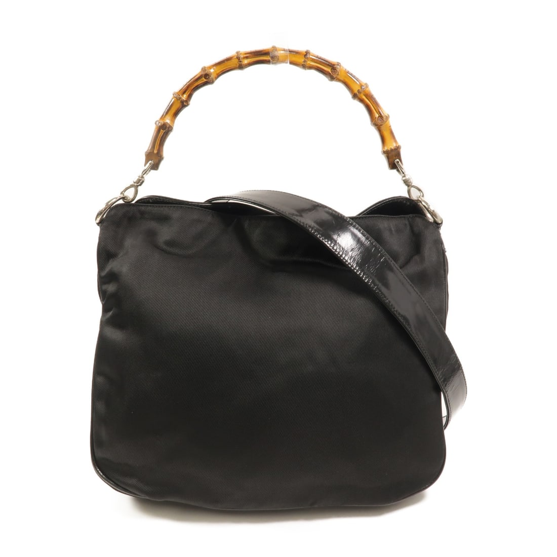 Gucci Bamboo 2 Way Shoulder Bag Black Nylon GG SHW Vintage: Gucci Bamboo 2 Way Shoulder Bag Black Nylon GG SHW Vintage Vintage bamboo 2-way shoulder bag in black nylon with silver-tone hardware. It features a magnetic pocket, one inside zip pocket, and comes w