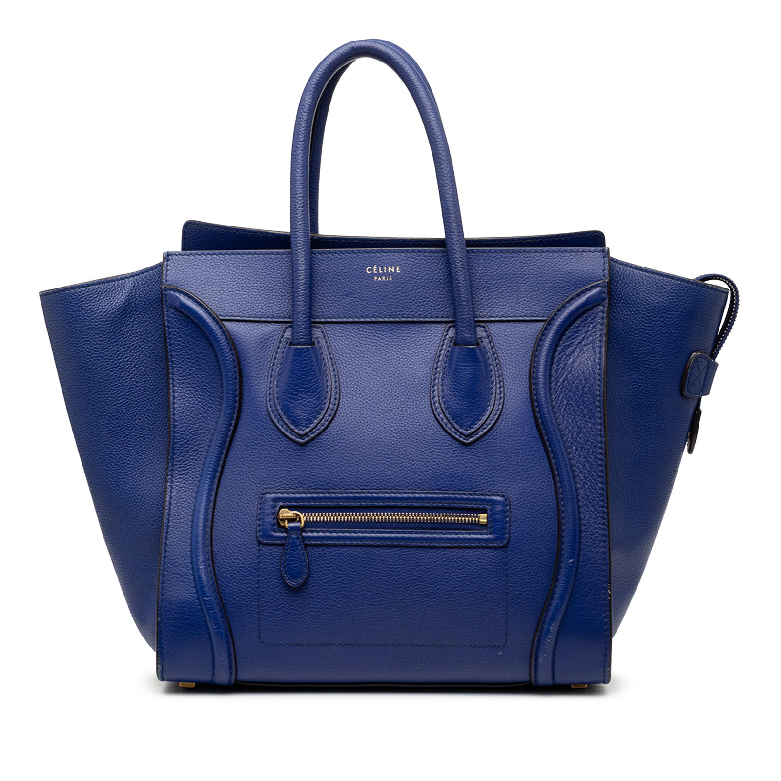 Celine Mini Luggage Tote Blue Calfskin Leather Handbag: Celine Mini Luggage Tote Blue Calfskin Leather Handbag Celine Mini Calfskin Luggage Tote in blue leather, made in Italy. It features rolled leather handles, a top zip closure, an exterior front zip po