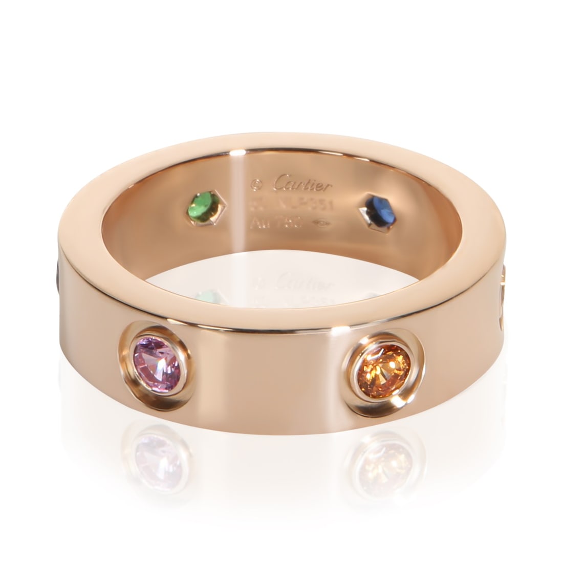 Cartier Rainbow Gemstone Love 18k Rose Gold Ring Size 5.25: Cartier Rainbow Gemstone Love 18k Rose Gold Ring Size 5.25 Pre-owned Cartier Rainbow Gemstone Love ring in rose gold, presented with its original box and papers. This women's ring includes a certifica