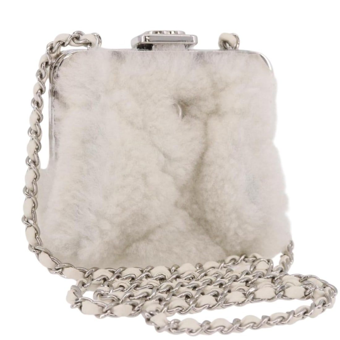 CHANEL Matelasse Lambskin Shoulder Bag White Silver with Box Card: CHANEL Matelasse Lambskin Shoulder Bag White Silver with Box Card A CHANEL Matelasse chain shoulder bag in white and silver, crafted from lamb skin and made in France. It comes with an item box and gu