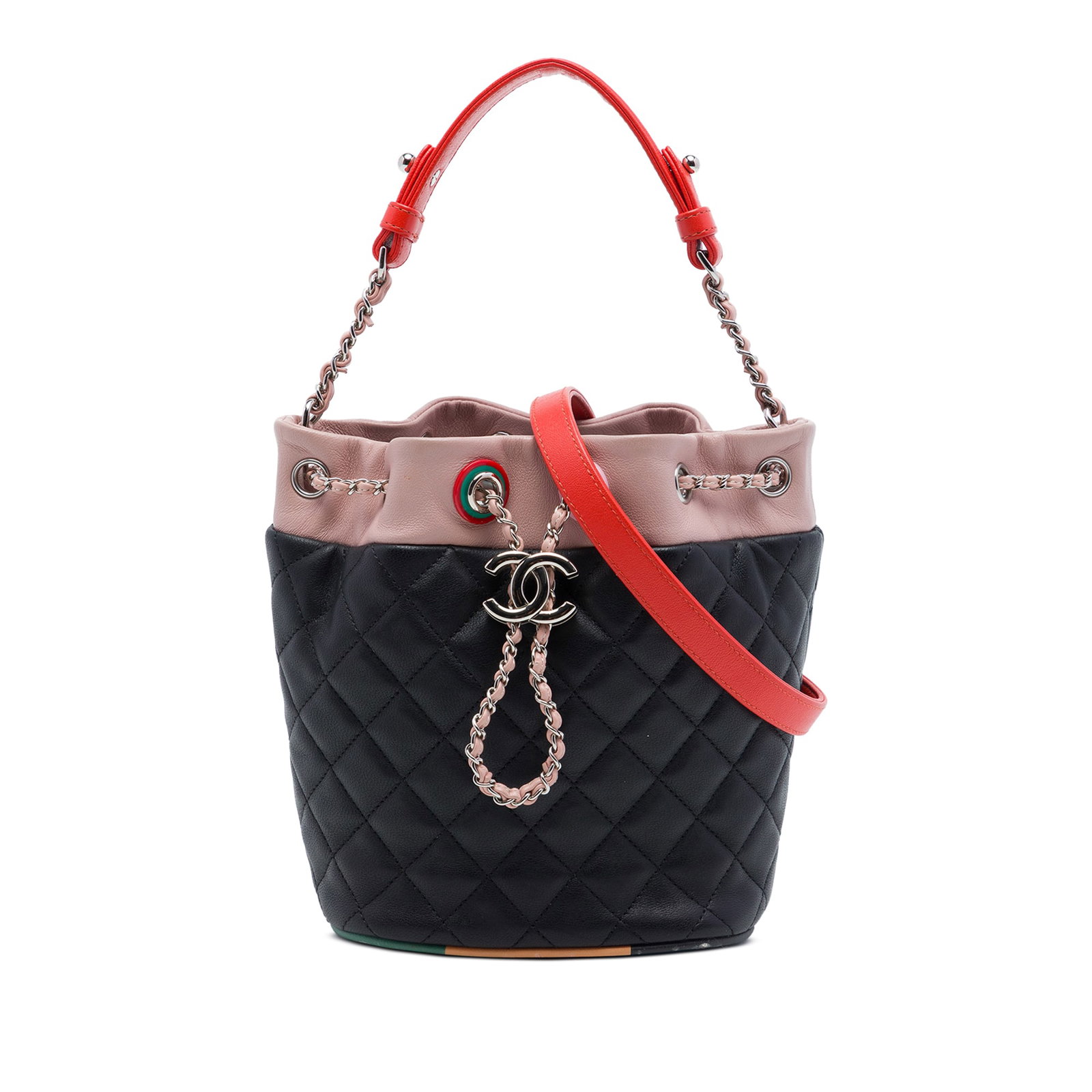 Chanel Cuba Drawstring Bucket Bag in Quilted Multicolor Lambskin: Chanel Cuba Drawstring Bucket Bag in Quilted Multicolor Lambskin Quilted lambskin Chanel bucket bag with a leather top handle, detachable flat leather strap, drawstring closure, and an interior slip p