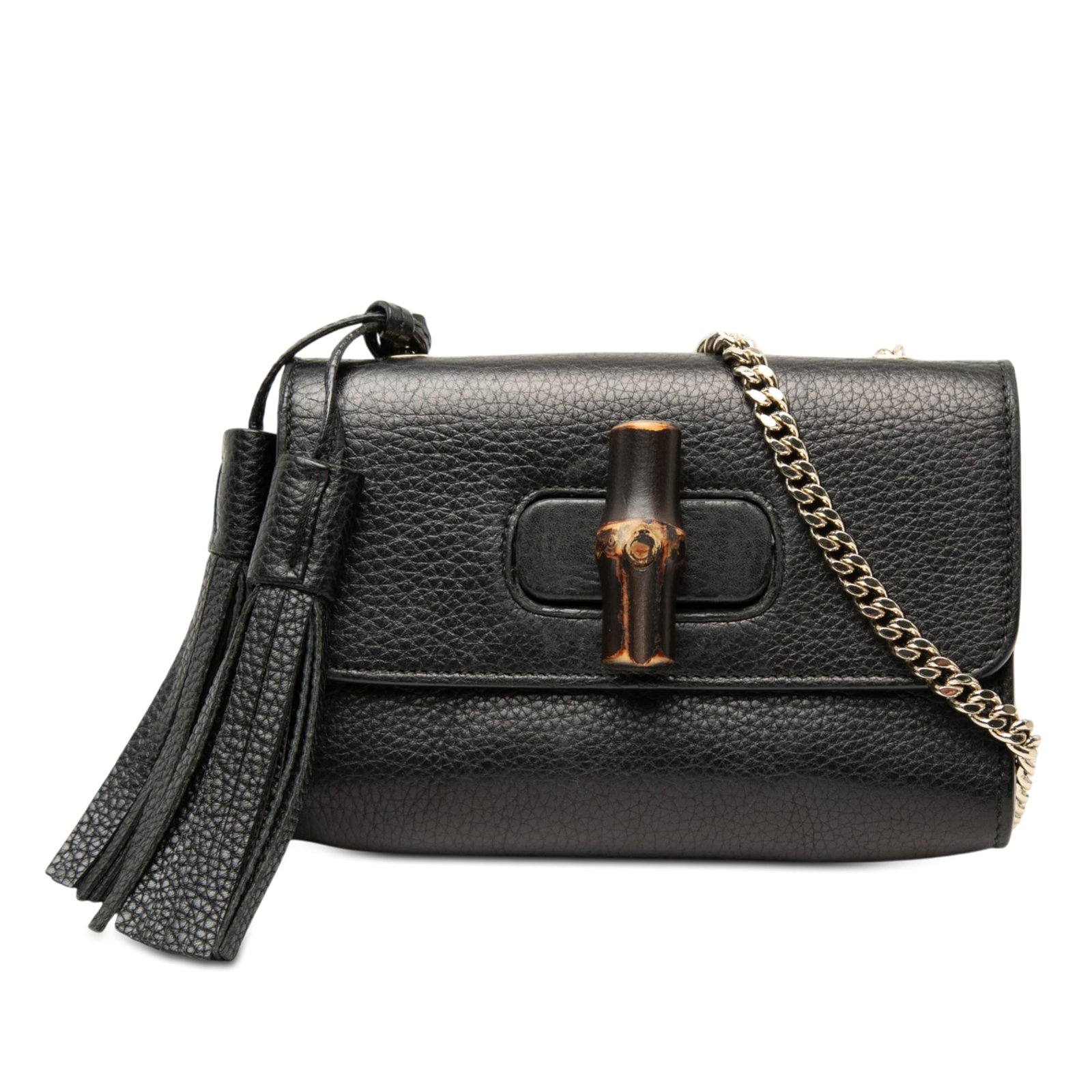 Gucci Miss Bamboo Small Calfskin Leather Crossbody Bag: Gucci Miss Bamboo Small Calfskin Leather Crossbody Bag Gucci Small Calfskin Miss Bamboo Crossbody in black leather with tassel details and a chain link strap. The bag features a front flap with a bamb