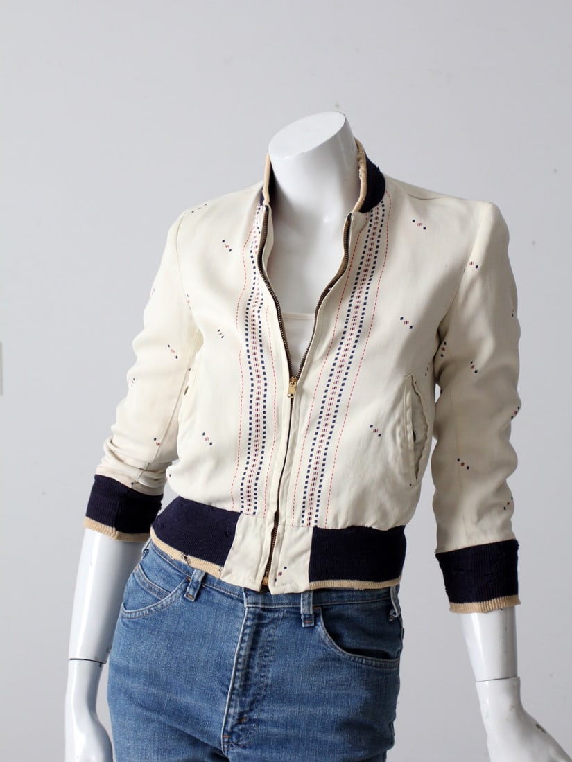 Vintage 1950s Cranbrook Jr Bomber Jacket Beige Navy Dot Pattern: Vintage 1950s Cranbrook Jr Bomber Jacket Beige Navy Dot Pattern Step back in time with this vintage 1950s sportswear jacket, a true gem from our stylist's collection. This bomber-style jacket features