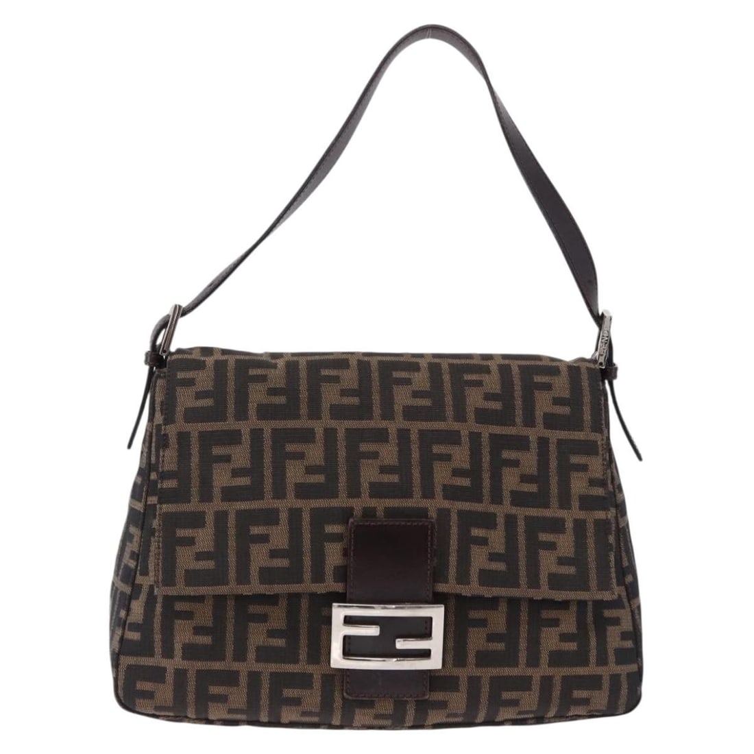 FENDI Mamma Baguette Shoulder Bag in Brown Zucca Canvas: FENDI Mamma Baguette Shoulder Bag in Brown Zucca Canvas Fendi Mamma Baguette shoulder bag in Zucca canvas with a brown and silver color scheme. Made in Italy, this women's bag features a shoulder stra