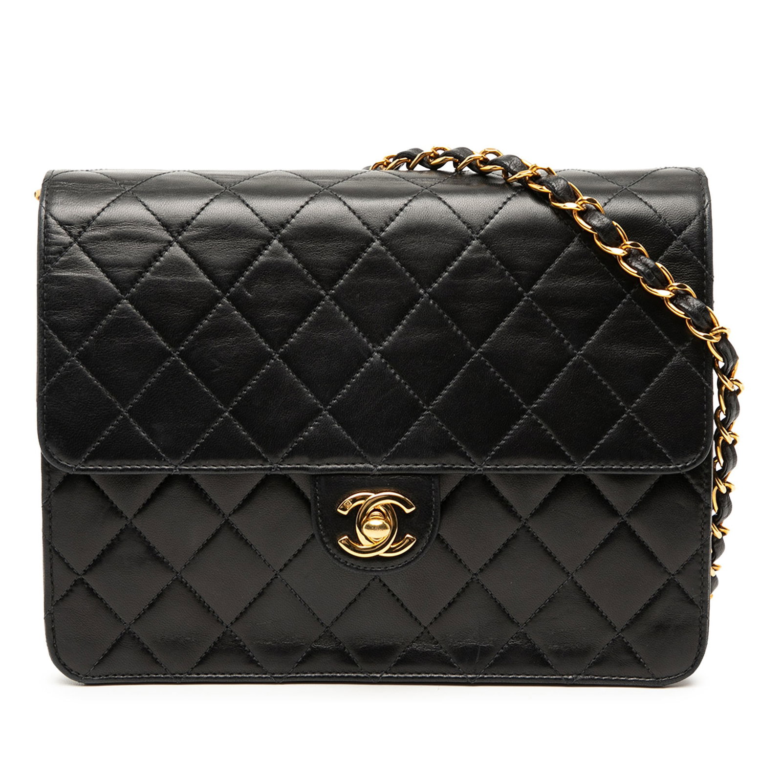 Chanel Small CC Black Quilted Lambskin Leather Crossbody Flap Bag: Chanel Small CC Black Quilted Lambskin Leather Crossbody Flap Bag This Chanel Small CC Quilted Lambskin Single Flap crossbody bag features a black quilted lambskin leather exterior, a leather-woven ch