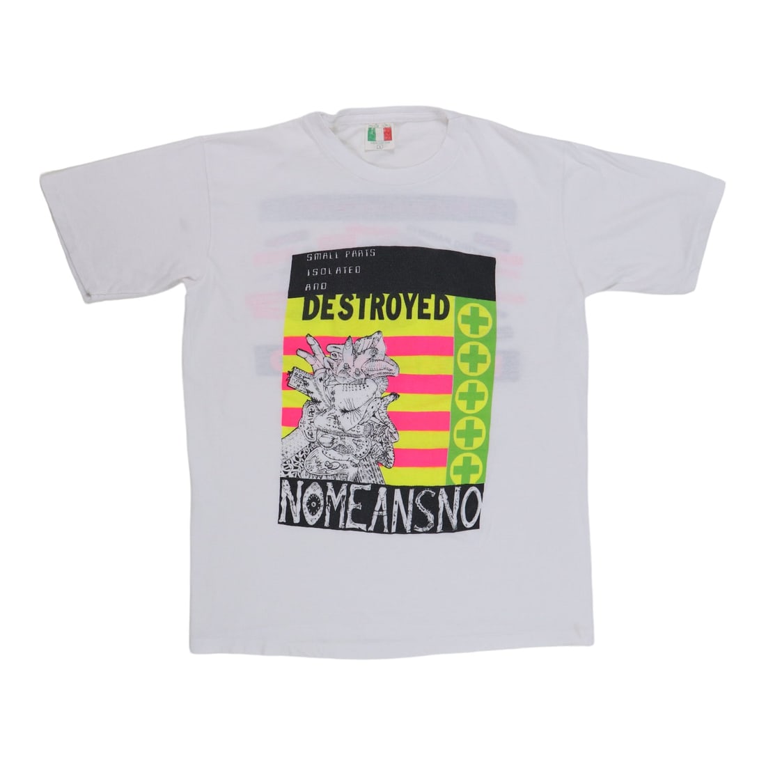 Nomeansno 1988 Small Parts Isolated and Destroyed White Cotton Shirt: Nomeansno 1988 Small Parts Isolated and Destroyed White Cotton Shirt Authentic original vintage 1988 Nomeansno Small Parts Isolated and Destroyed shirt with front and back graphics. This is a true vin