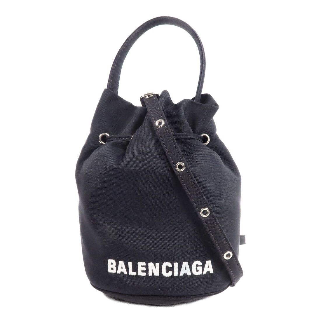 Balenciaga Wheel Drawstring XS 2 Way Shoulder Bag Black Nylon 656682: Balenciaga Wheel Drawstring XS 2 Way Shoulder Bag Black Nylon 656682 Balenciaga Wheel Drawstring XS 2-way shoulder bag in black nylon. This women's bag features a drawstring design, silver-tone hardwa