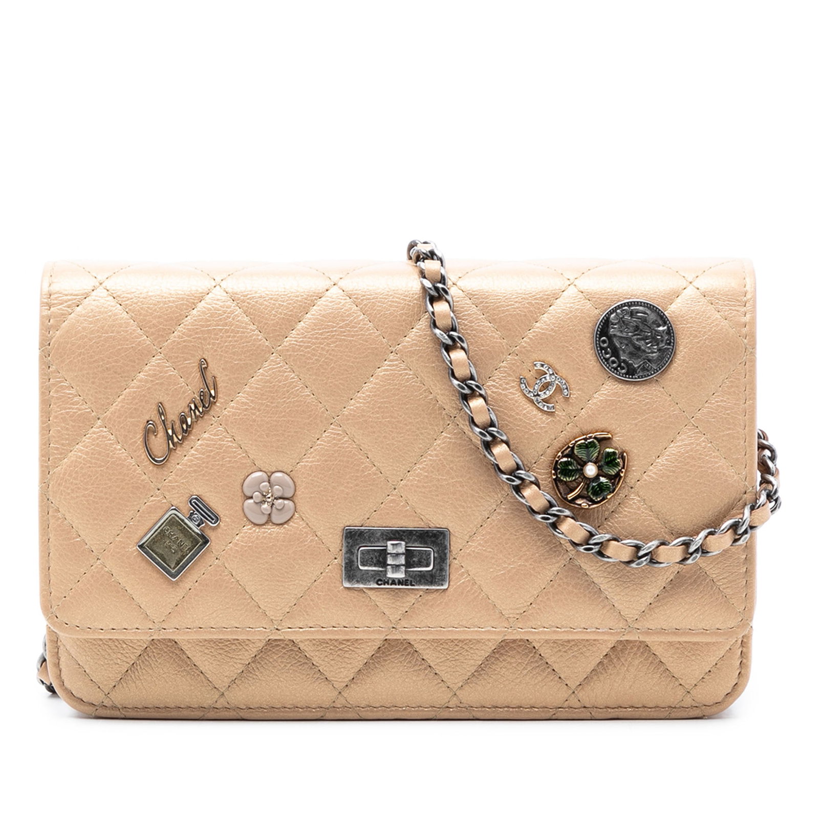 Chanel Reissue 2.55 Lucky Charms Wallet On Chain Leather Crossbody Bag: Chanel Reissue 2.55 Lucky Charms Wallet On Chain Leather Crossbody Bag This Chanel Quilted Aged Calfskin Reissue 2.55 Lucky Charms Wallet On Chain is crafted from quilted leather and adorned with deco
