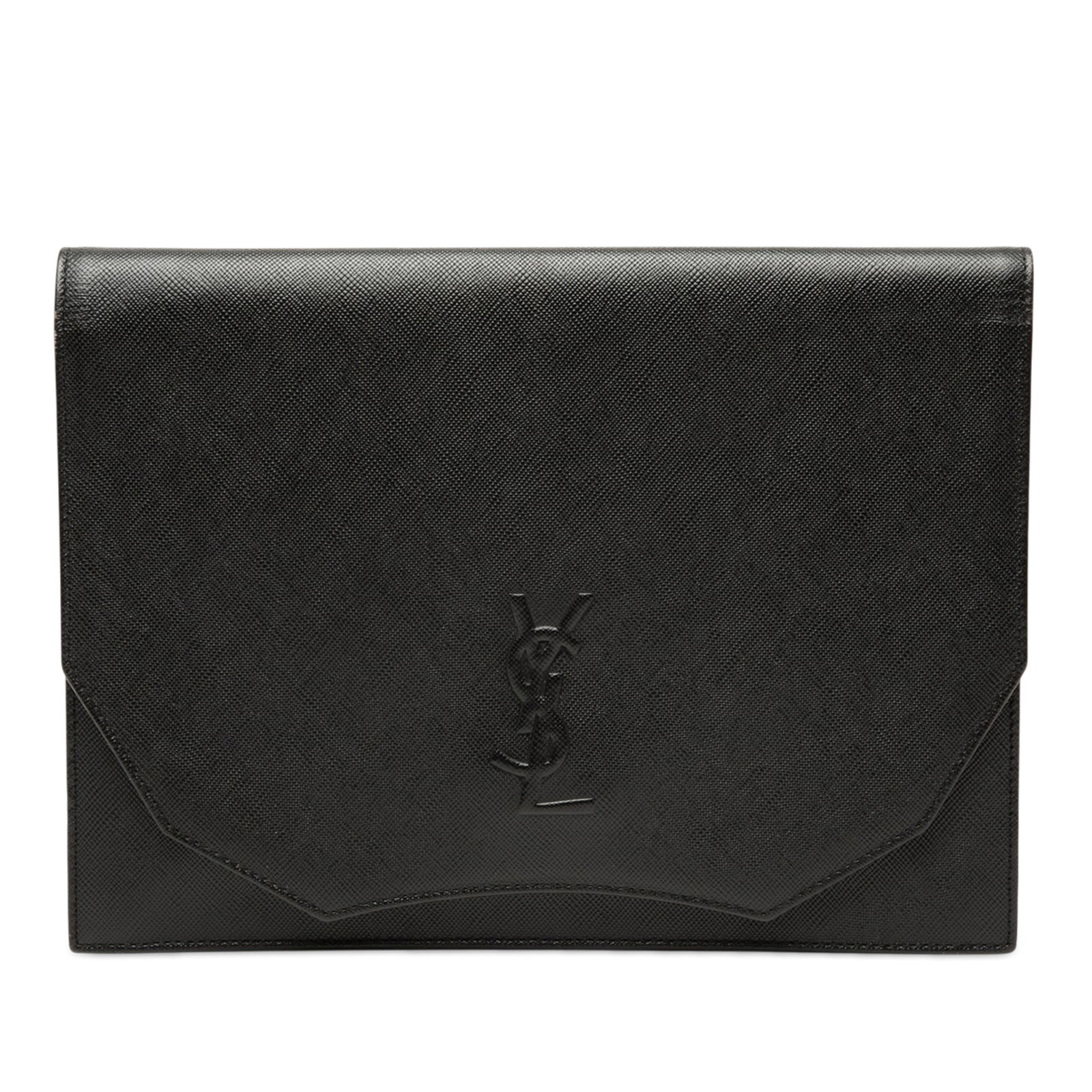 Saint Laurent black leather flap clutch bag: Saint Laurent black leather flap clutch bag Saint Laurent leather clutch in black with a front flap and magnetic snap closure. The interior includes zip and slip pockets. Made in Italy. Condition is B