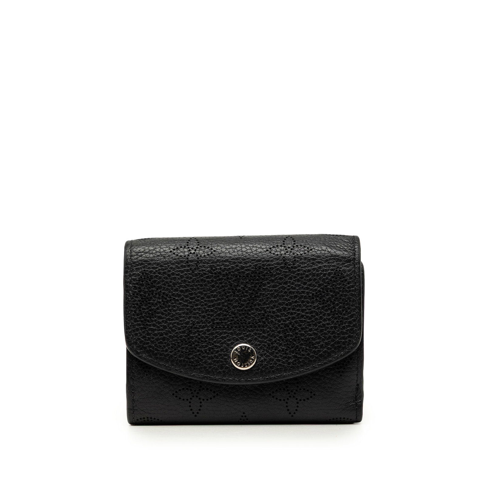 Louis Vuitton Iris XS Wallet in Black Mahina Leather: Louis Vuitton Iris XS Wallet in Black Mahina Leather Compact Louis Vuitton Monogram Mahina Iris XS wallet crafted in black leather with a front flap and snap button closure. The interior includes a zi