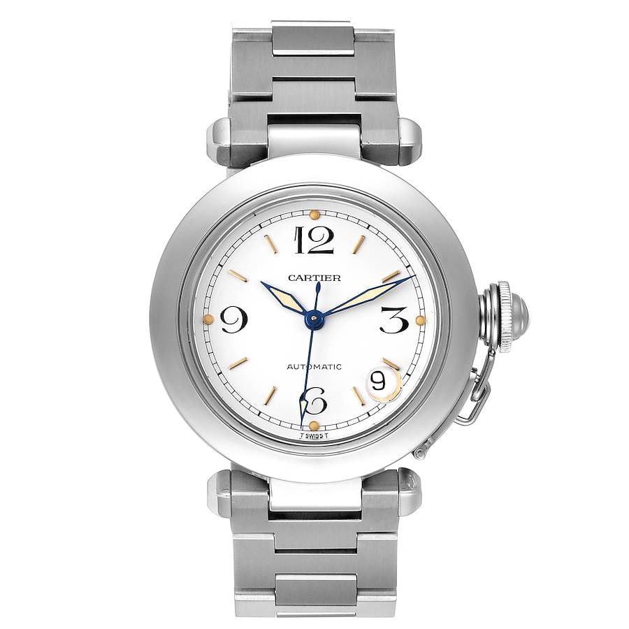 Cartier Pasha C Ref 2324 Unisex Watch White Dial Steel Bracelet: Cartier Pasha C Ref 2324 Unisex Watch White Dial Steel Bracelet Cartier Pasha C wristwatch featuring a white Arabic dial with gold markers, a smooth bezel, and a stainless steel bracelet. This unisex 