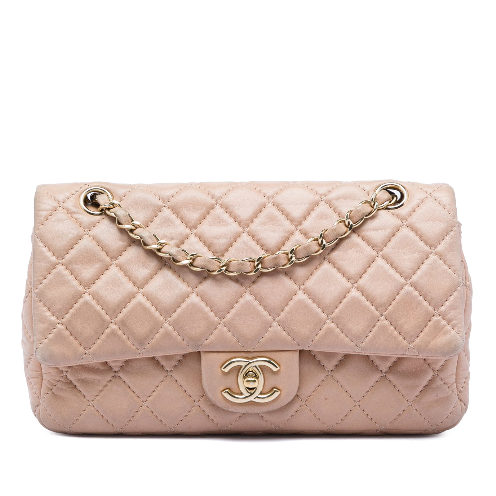 Chanel Medium Classic Double Flap Brown Lambskin Shoulder Bag: Chanel Medium Classic Double Flap Brown Lambskin Shoulder Bag Chanel Medium Classic Lambskin Double Flap bag crafted in quilted lambskin leather with leather-woven chain shoulder straps. The design in