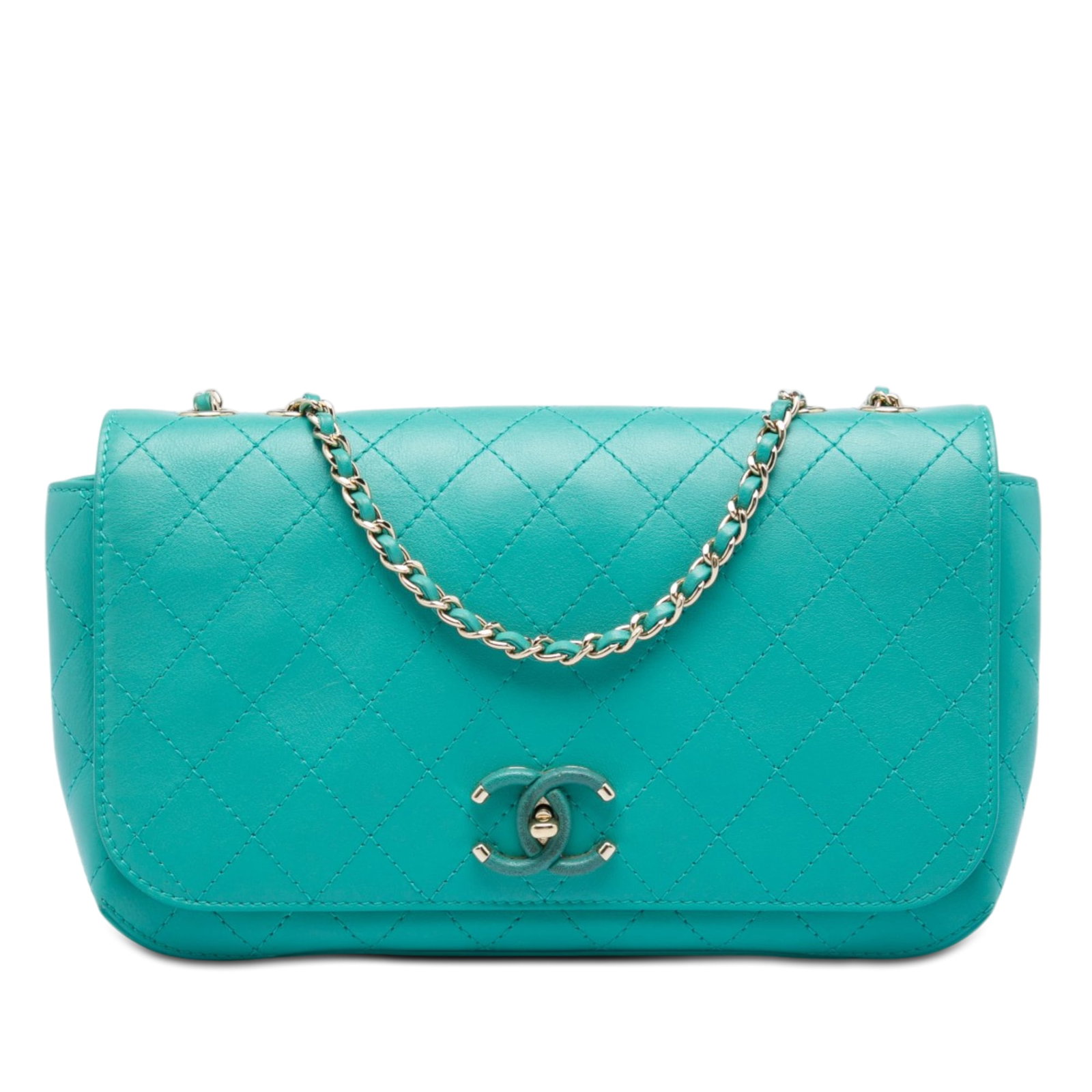 Chanel Medium Covered CC Flap Blue Stitched Calfskin Crossbody: Chanel Medium Covered CC Flap Blue Stitched Calfskin Crossbody Chanel Medium Stitched Calfskin Covered CC Flap crossbody bag in blue leather with a stitched body, leather-woven chain strap with leathe