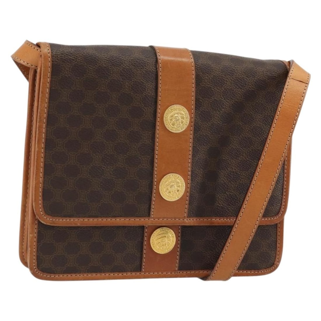 CELINE Macadam Medallion Shoulder Bag Brown PVC Leather Gold Tone: CELINE Macadam Medallion Shoulder Bag Brown PVC Leather Gold Tone CELINE shoulder bag in brown and gold PVC leather with Macadam canvas detail, made in Italy. The bag measures approximately 22 cm W x 
