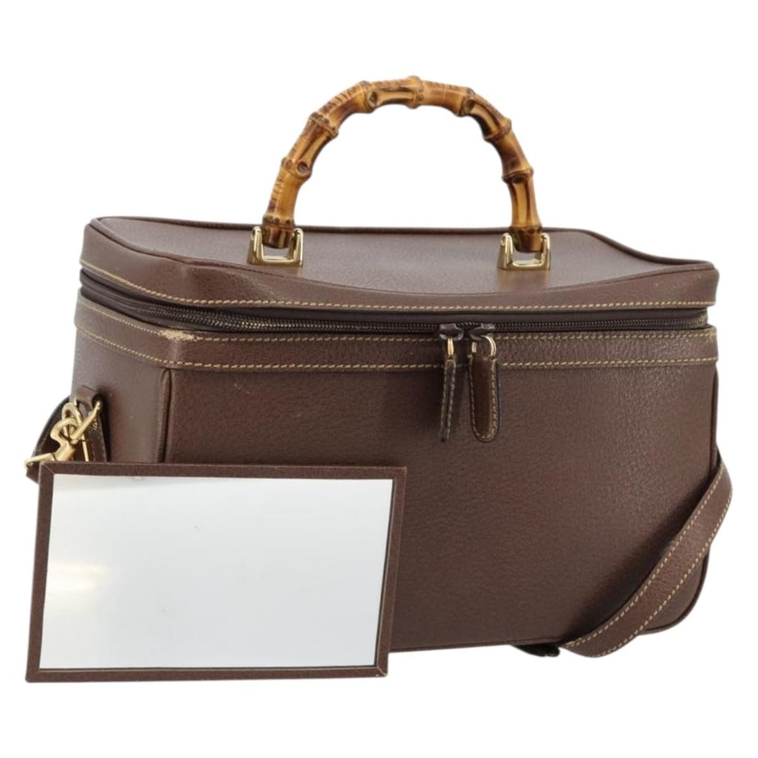 GUCCI Bamboo 2 Way Leather Handbag Brown Gold with Strap Mirror (1 of 18)