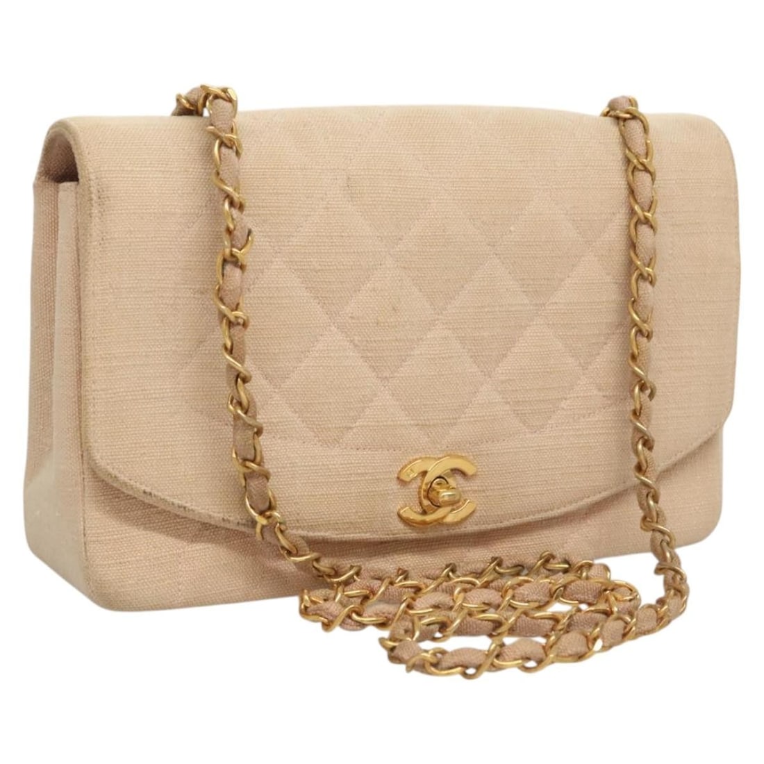 CHANEL Diana CC Pink Canvas Matelasse Shoulder Bag: CHANEL Diana CC Pink Canvas Matelasse Shoulder Bag Authentic CHANEL Diana shoulder bag in pink canvas with the signature Matelasse design and CC detail. This women's shoulder bag was made in France an