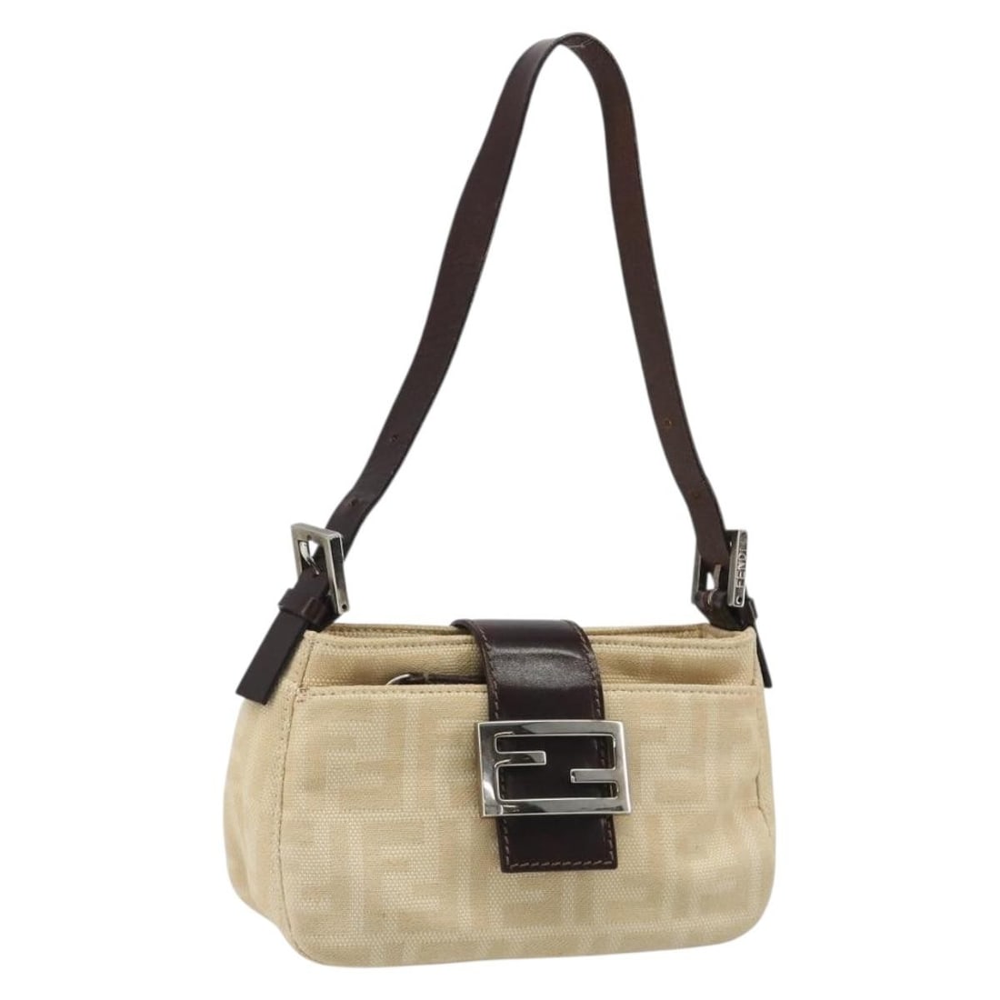 FENDI Mamma Baguette Shoulder Bag in Beige Silver Zucca Canvas: FENDI Mamma Baguette Shoulder Bag in Beige Silver Zucca Canvas Authentic FENDI Mamma Baguette shoulder bag in beige and silver Zucca canvas. This women's shoulder bag is made in Italy and features an 