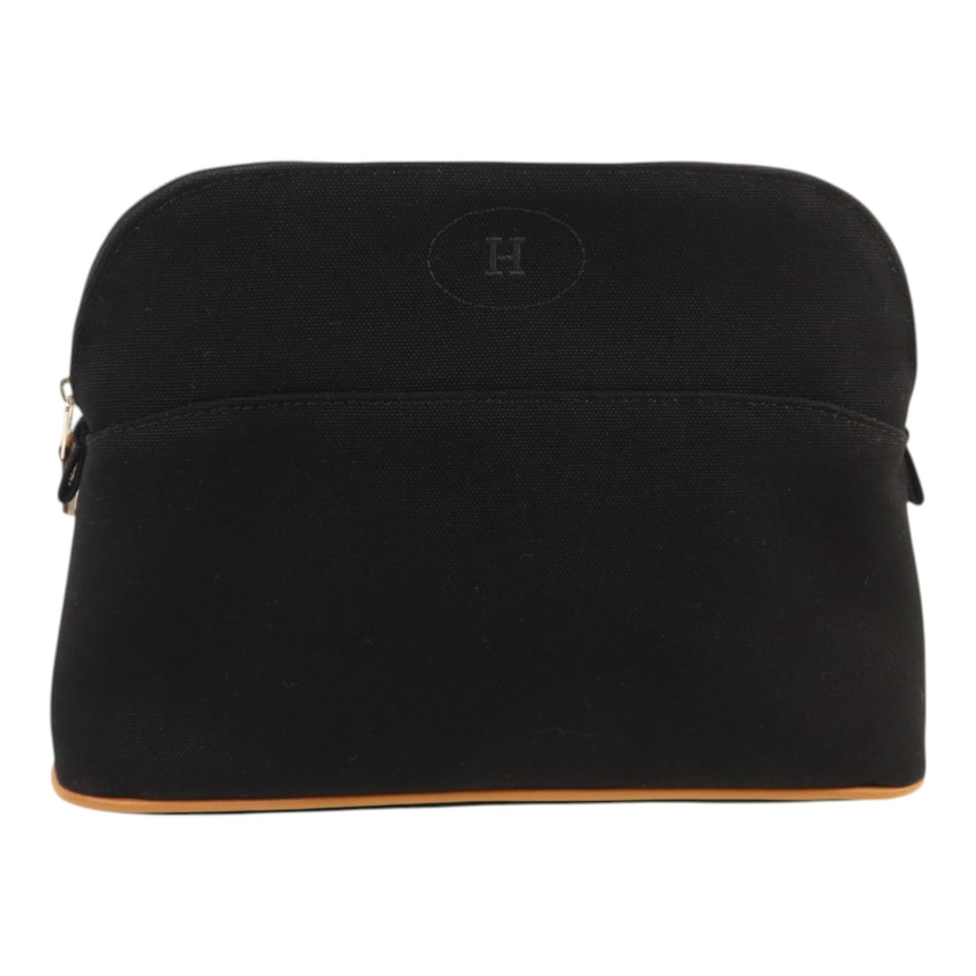 Hermes Bolide Case Medium canvas clutch pouch in black: Hermes Bolide Case Medium canvas clutch pouch in black Hermes PHW Bolide Case Medium Clutch Pouch in black canvas. This unisex pouch is made in France and features a black frame color with a fastener 