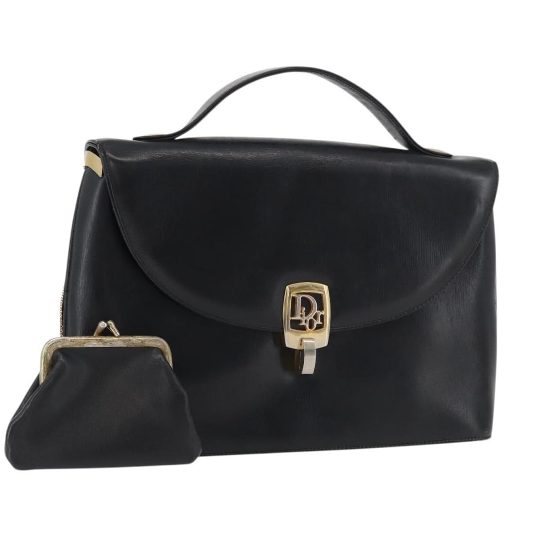 Christian Dior black leather hand bag with pouch: Christian Dior black leather hand bag with pouch This Christian Dior handbag is crafted from black leather with gold-tone accents, offering a classic and elegant look. Designed for women, the bag feat