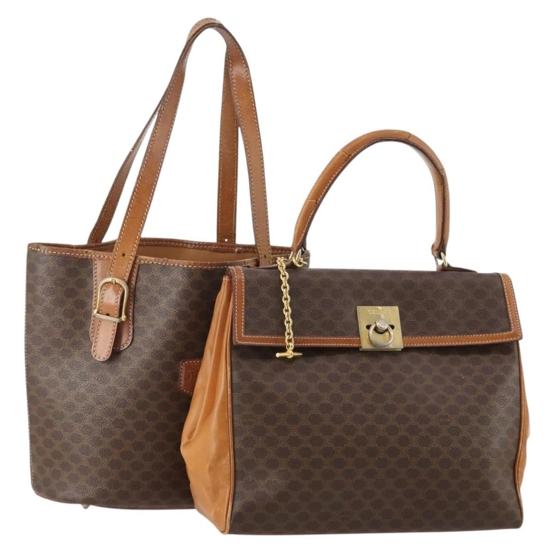 CELINE Macadam Canvas Brown Shoulder Bag 2 Piece Bundle: CELINE Macadam Canvas Brown Shoulder Bag 2 Piece Bundle This is a set of two CELINE Macadam canvas shoulder bags crafted from brown PVC leather. Both bags are designed for women and made in Italy. The
