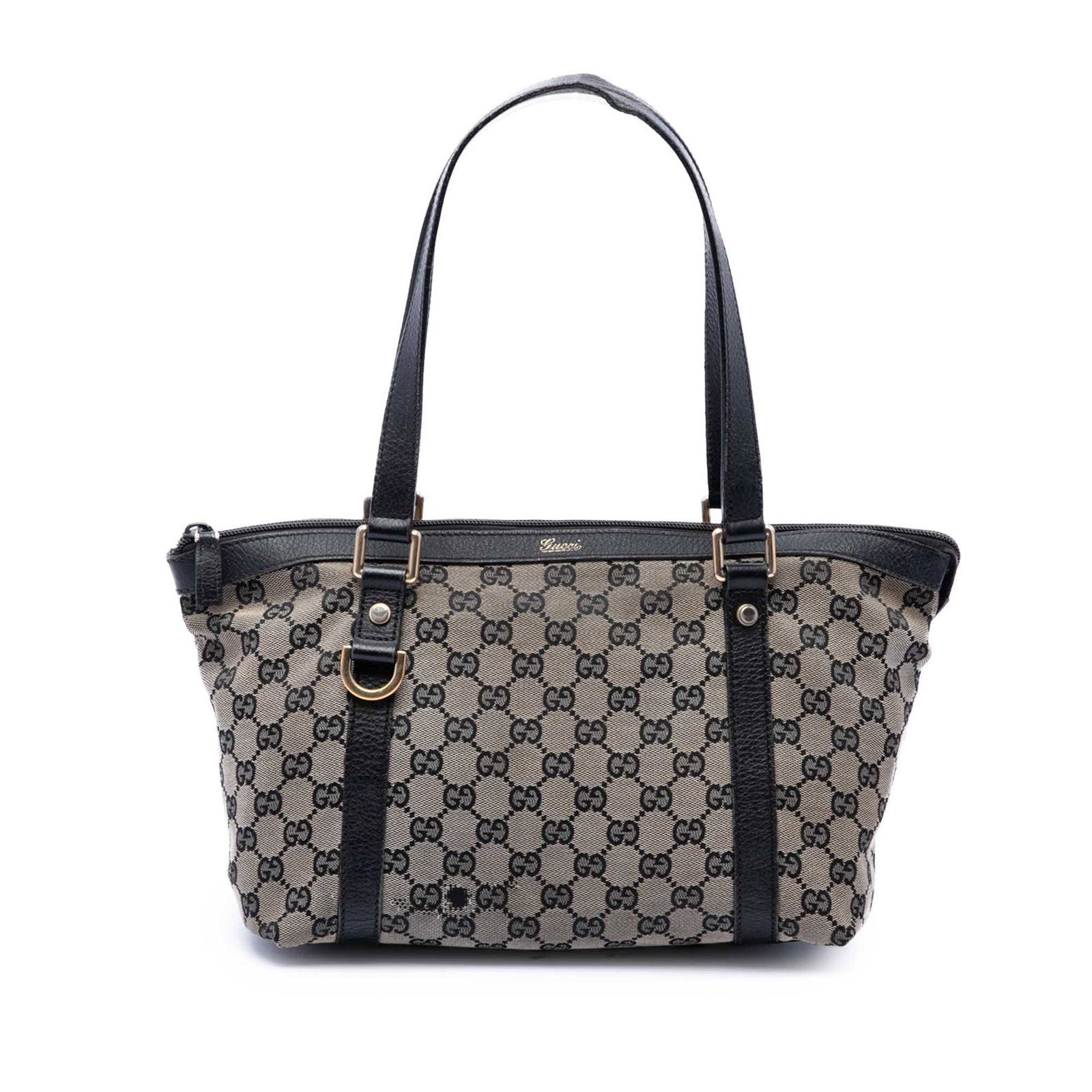 Gucci Abbey D Ring Tote in Gray GG Canvas: Gucci Abbey D Ring Tote in Gray GG Canvas Gucci Abbey D Ring tote in gray GG canvas with leather trim. This zip-top bag features flat leather straps and an interior with zip and slip pockets. Made in 