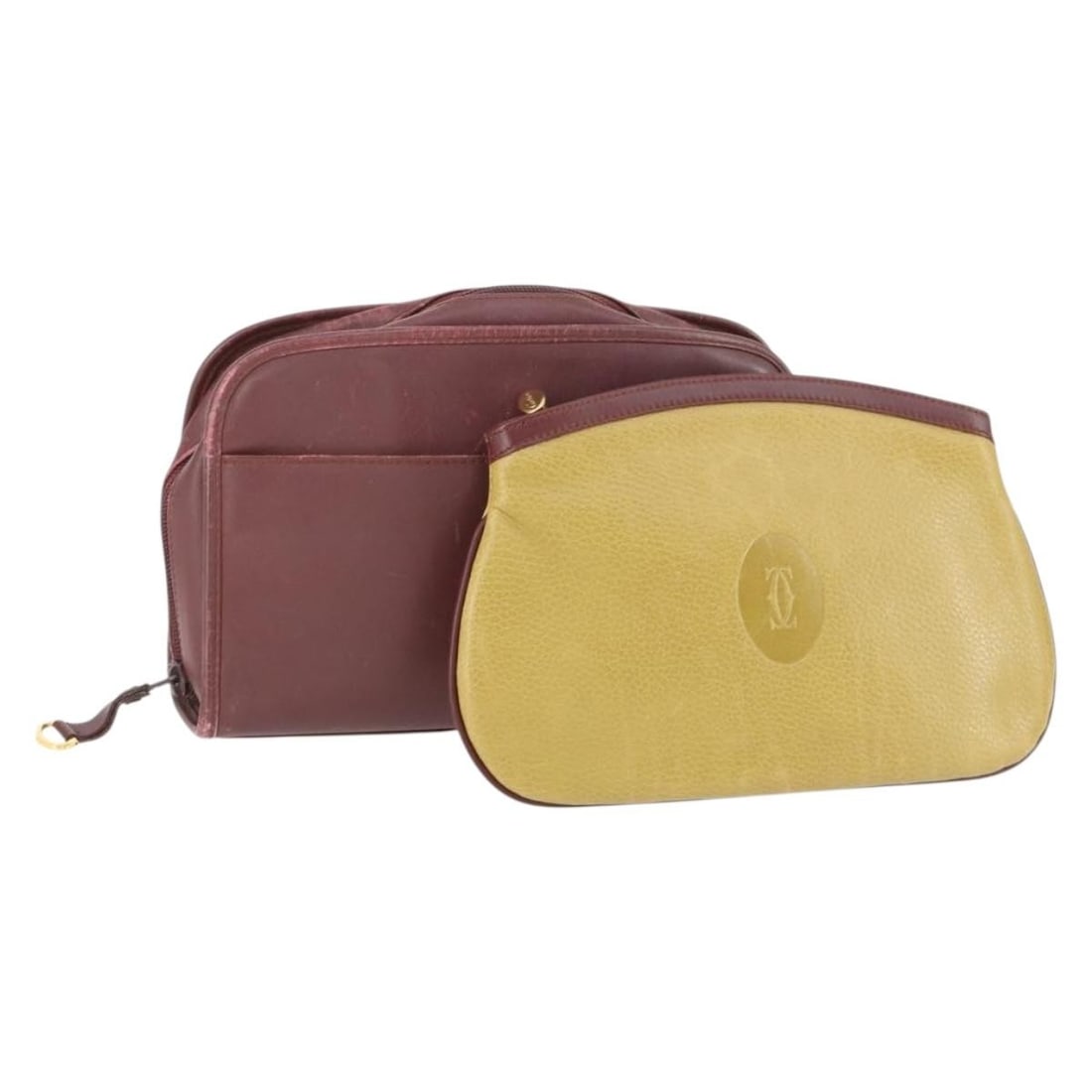Set of 2 Cartier Must Line Leather Clutch Bags Bordeaux Beige with Dust Bag: Set of 2 Cartier Must Line Leather Clutch Bags Bordeaux Beige with Dust Bag This is a set of two Cartier Must Line clutch bags crafted in leather, featuring Bordeaux and beige exterior colors. The set