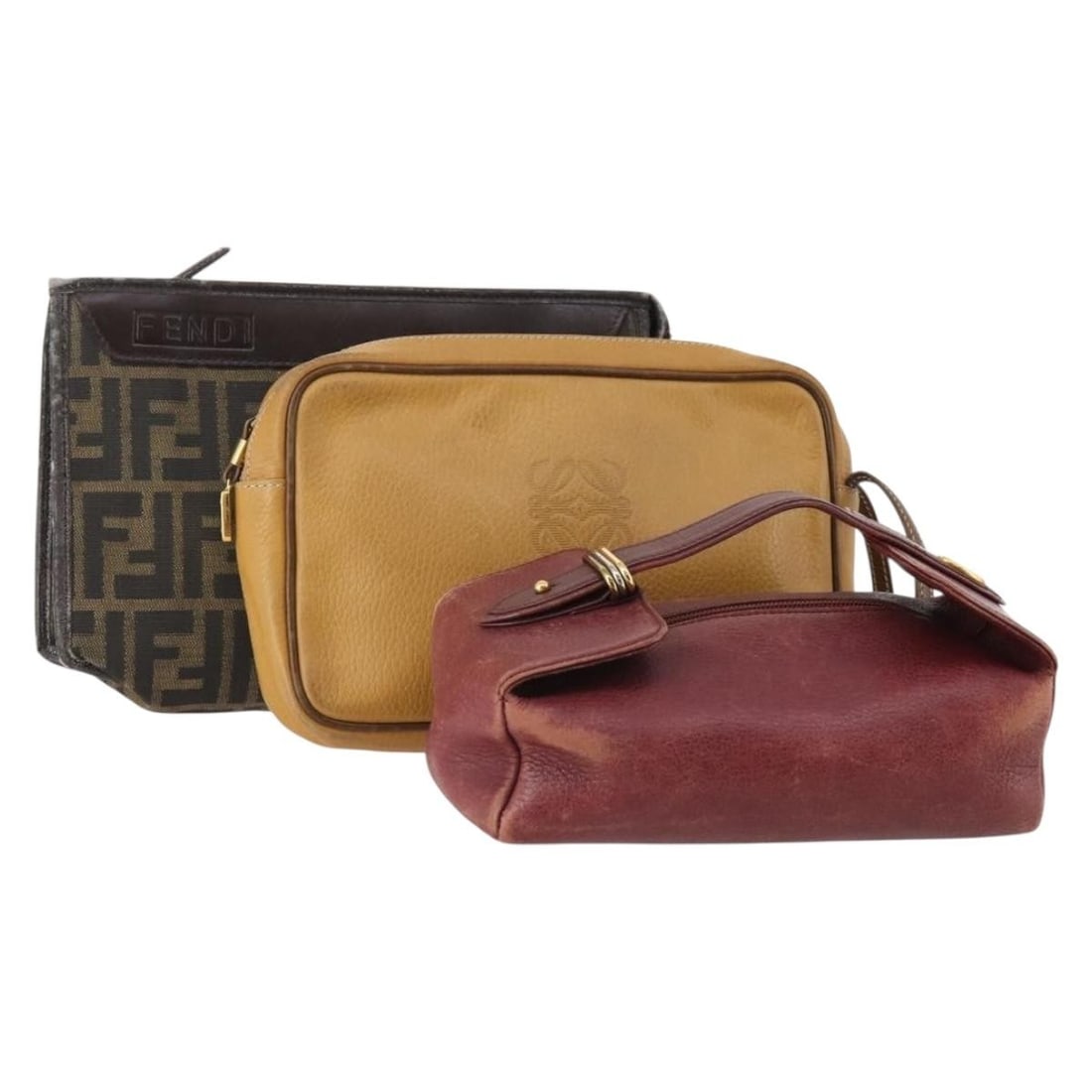 3 Piece FENDI Zucca Canvas and Leather Clutch Bag Lot: 3 Piece FENDI Zucca Canvas and Leather Clutch Bag Lot Special set sale of three FENDI clutch bags in black, beige, and bordeaux leather and Zucca canvas. Made in Italy for women, this set is offered o