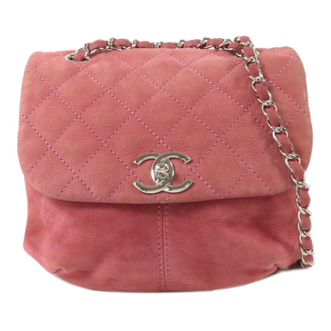 CHANEL CC Pink Calfskin Shoulder Bag with Silver Tone Chain: CHANEL CC Pink Calfskin Shoulder Bag with Silver Tone Chain CHANEL CC SHW Chain Shoulder Bag in pink calfskin leather. This women's shoulder bag features a turn lock closure, one inside zip pocket, an
